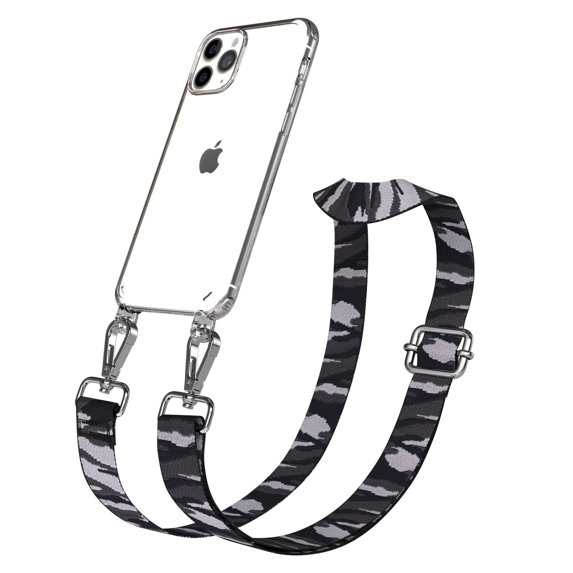 Ein transparentes iPhone mit einem Camouflage-Tragegurt, der an den Seiten befestigt ist.