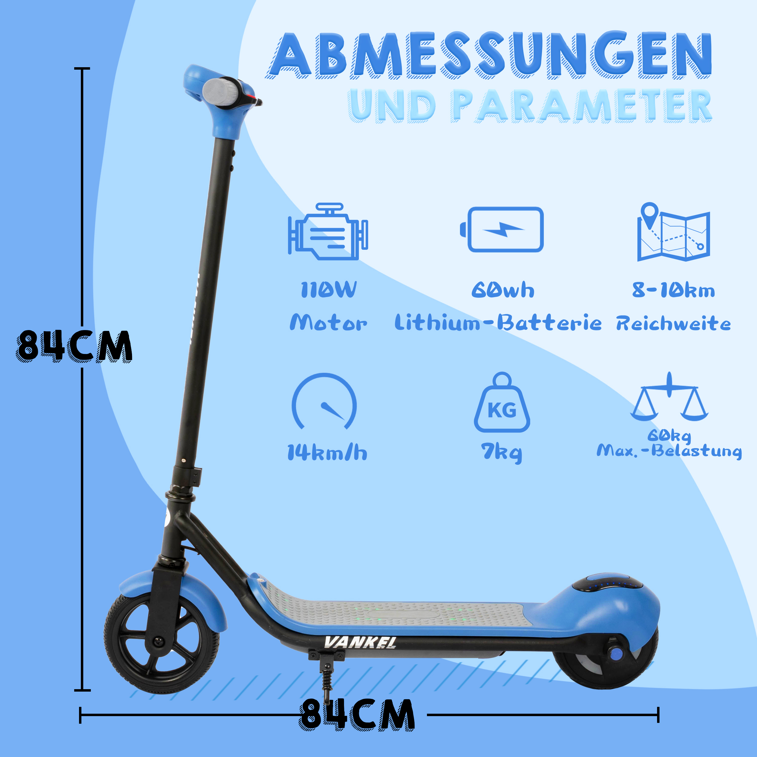 Blauer und schwarzer Vankel Elektroroller mit Daten: 84cm Höhe, 110W Motor, 60Wh Akku, 8-10km Reichweite, 14km/h max. Geschwindigkeit, 7kg Gewicht, 60kg max. Last.