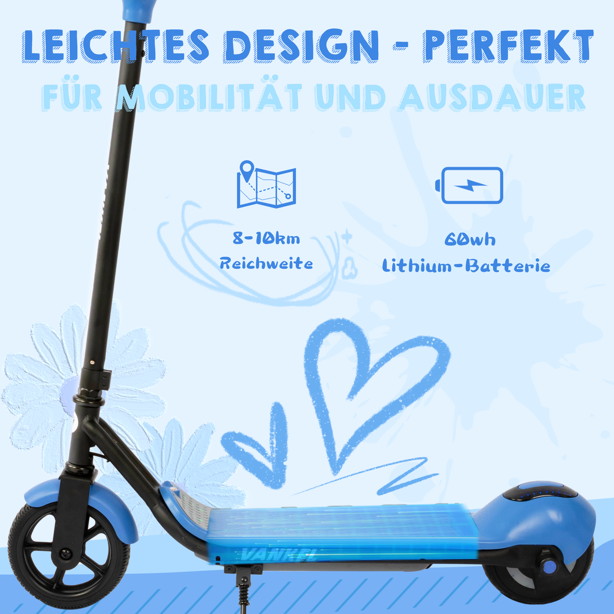 Blauer Elektroroller mit Text über leichtes Design, Reichweite und Akku.