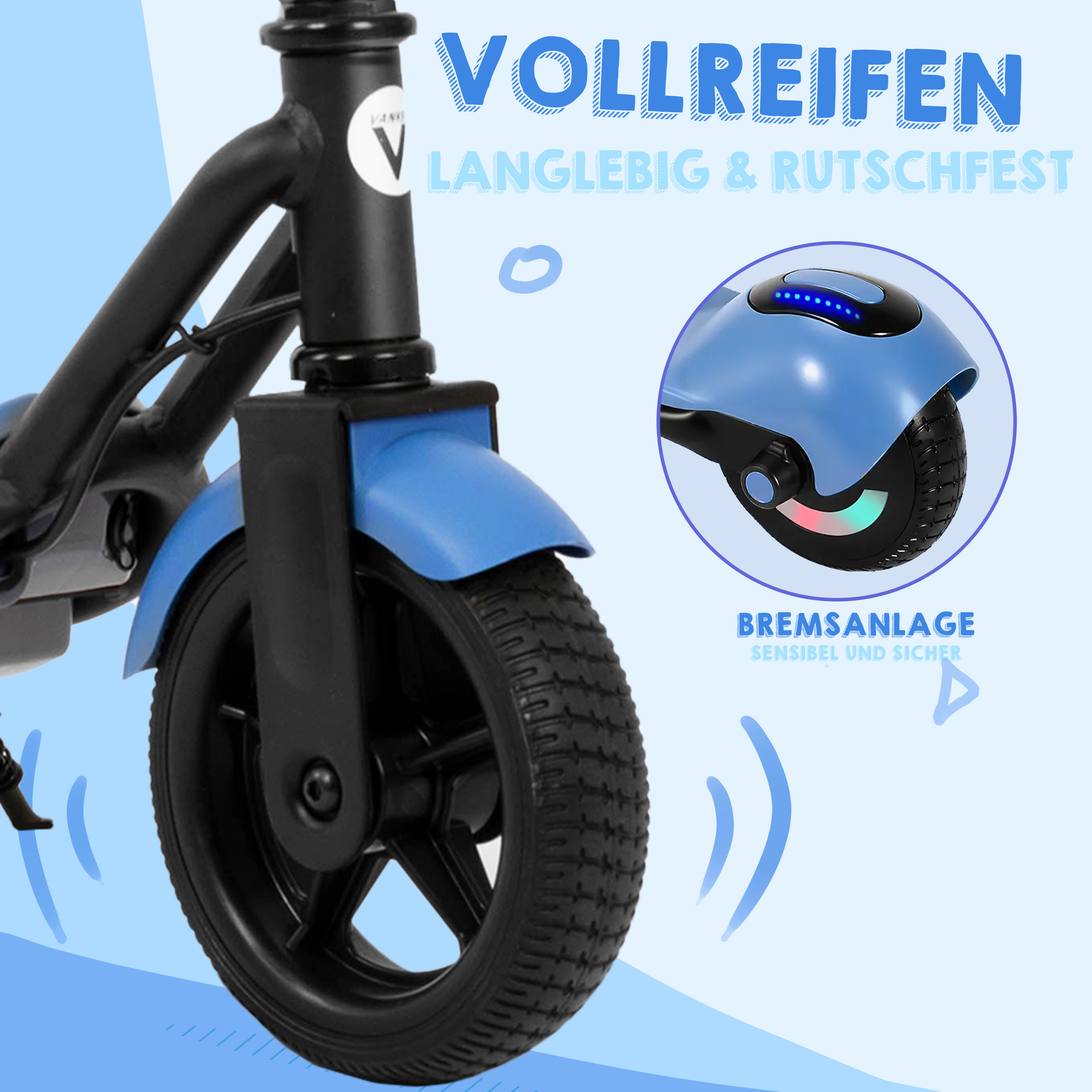 Blauer Roller mit Vollreifen und Bremsanlage, mit Text.