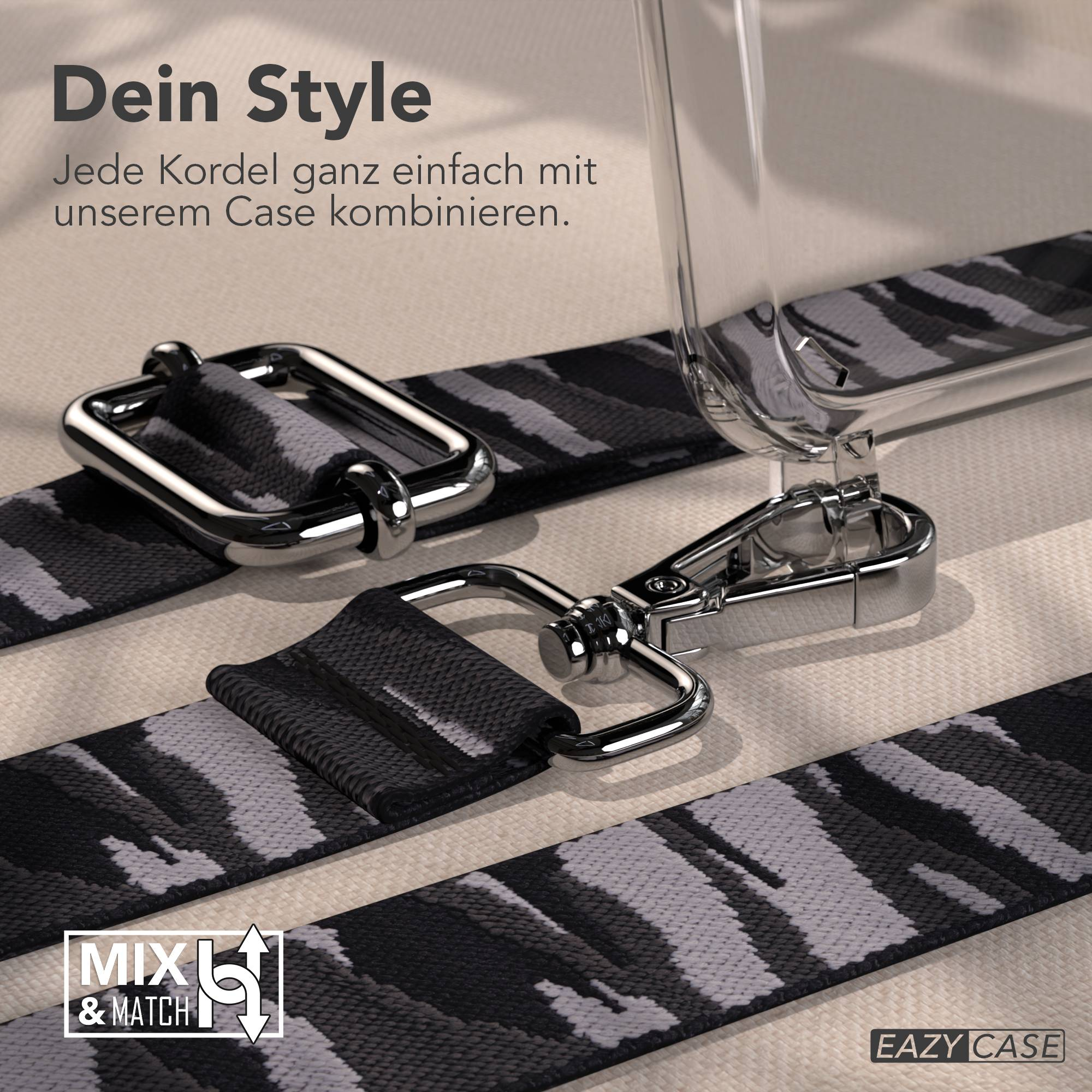 Ein Handy-Tragegurt mit Camouflage-Muster und silbernen Schnallen.