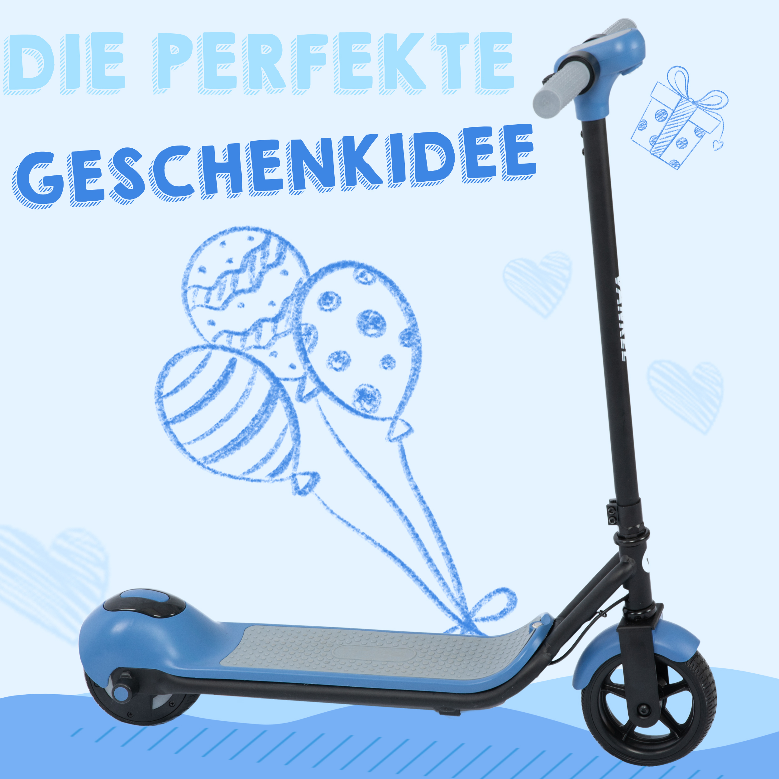 Blauer Roller mit Ballons und Geschenk-Grafik. Perfekte Geschenkidee.