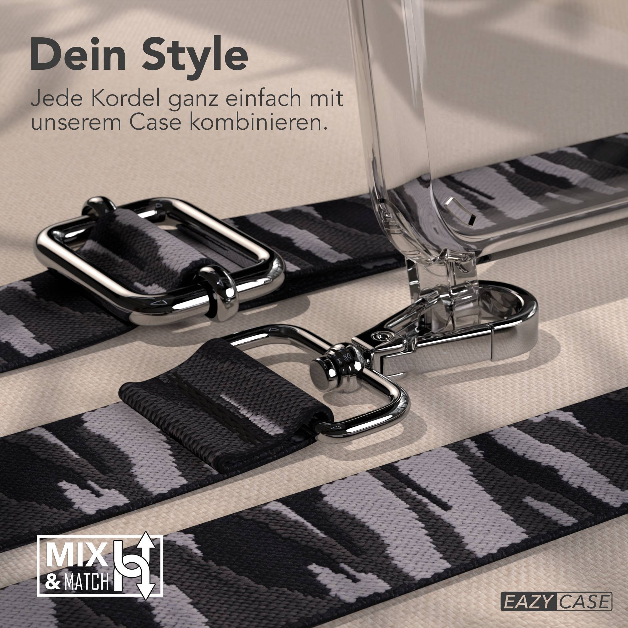 Schwarze und graue Camouflage-Kordel mit silbernen Metallbeschlägen, die an einer Hülle befestigt ist.