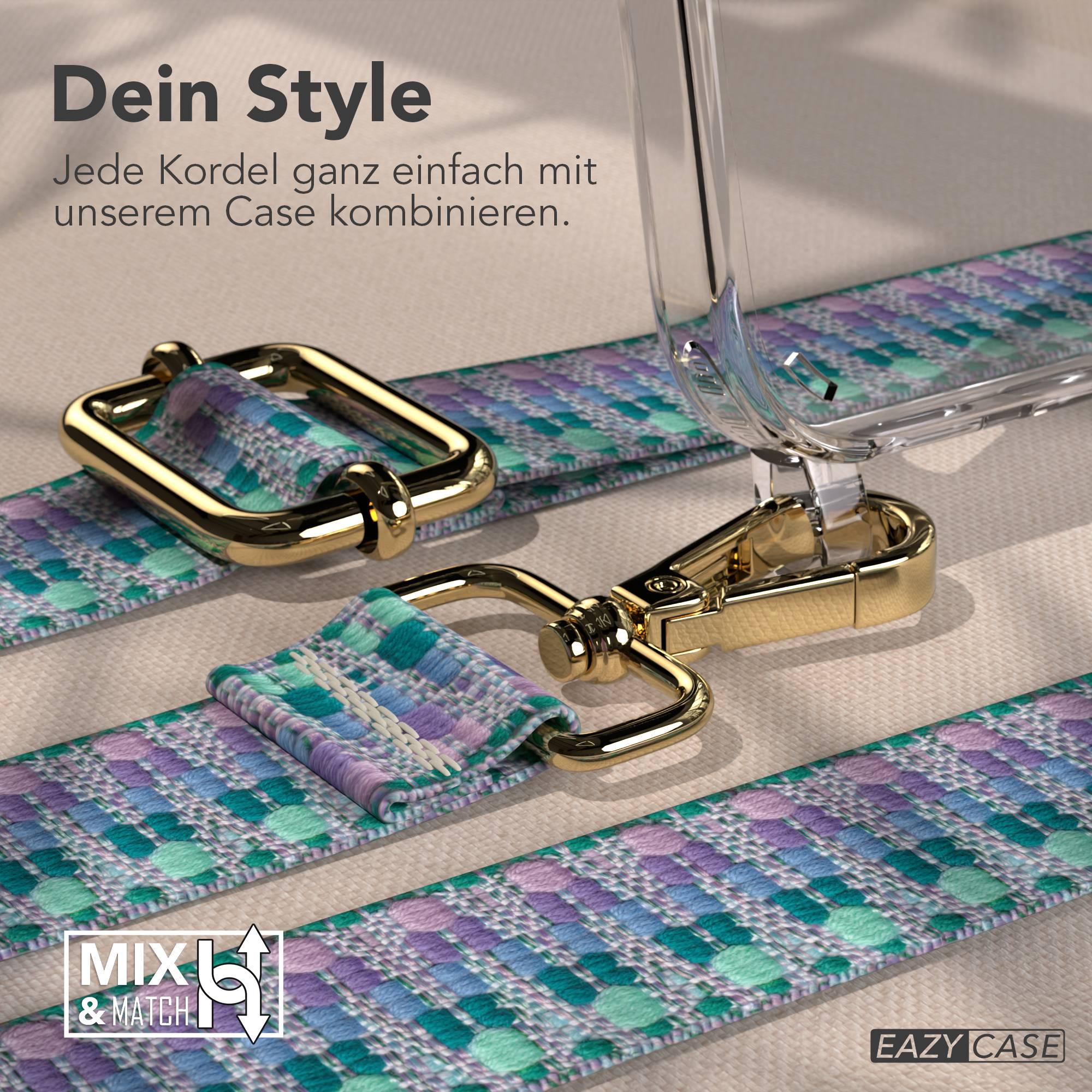 Textilband mit goldenen Beschlägen und einem transparenten Case.