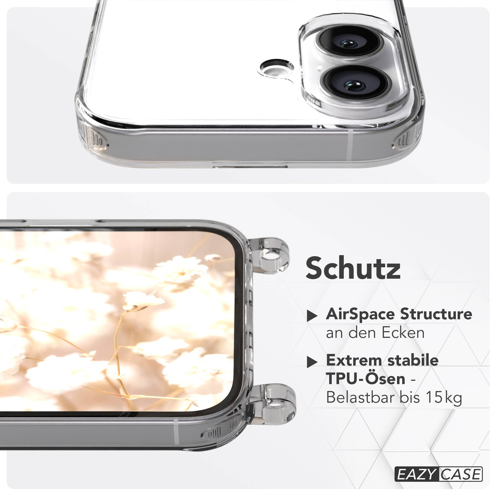 Transparente Handyhülle mit Dual-Kameraschutz und Text über Funktionen.