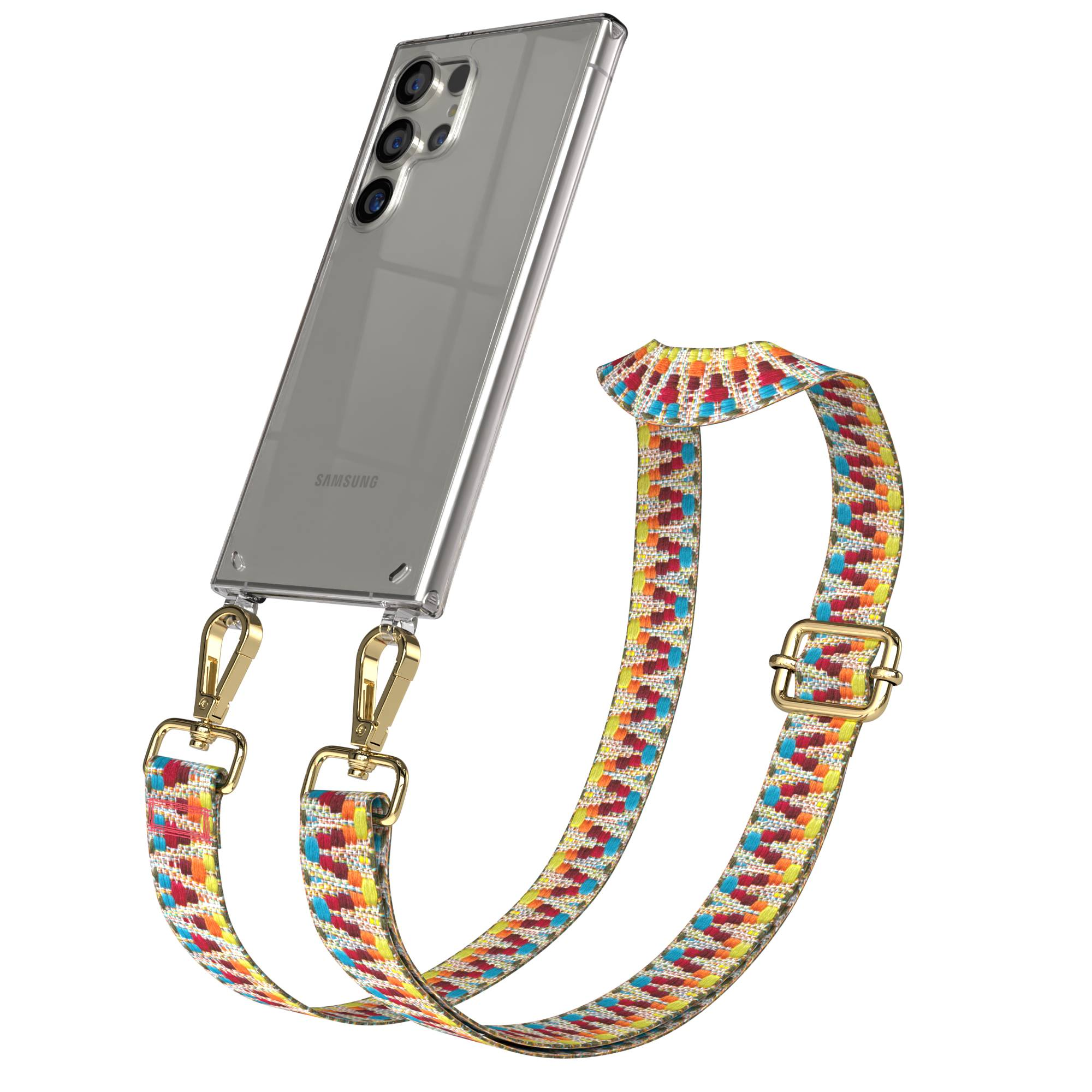 Ein Samsung-Smartphone mit einer transparenten Hülle und einem bunten Tragegurt mit goldenen Clips.