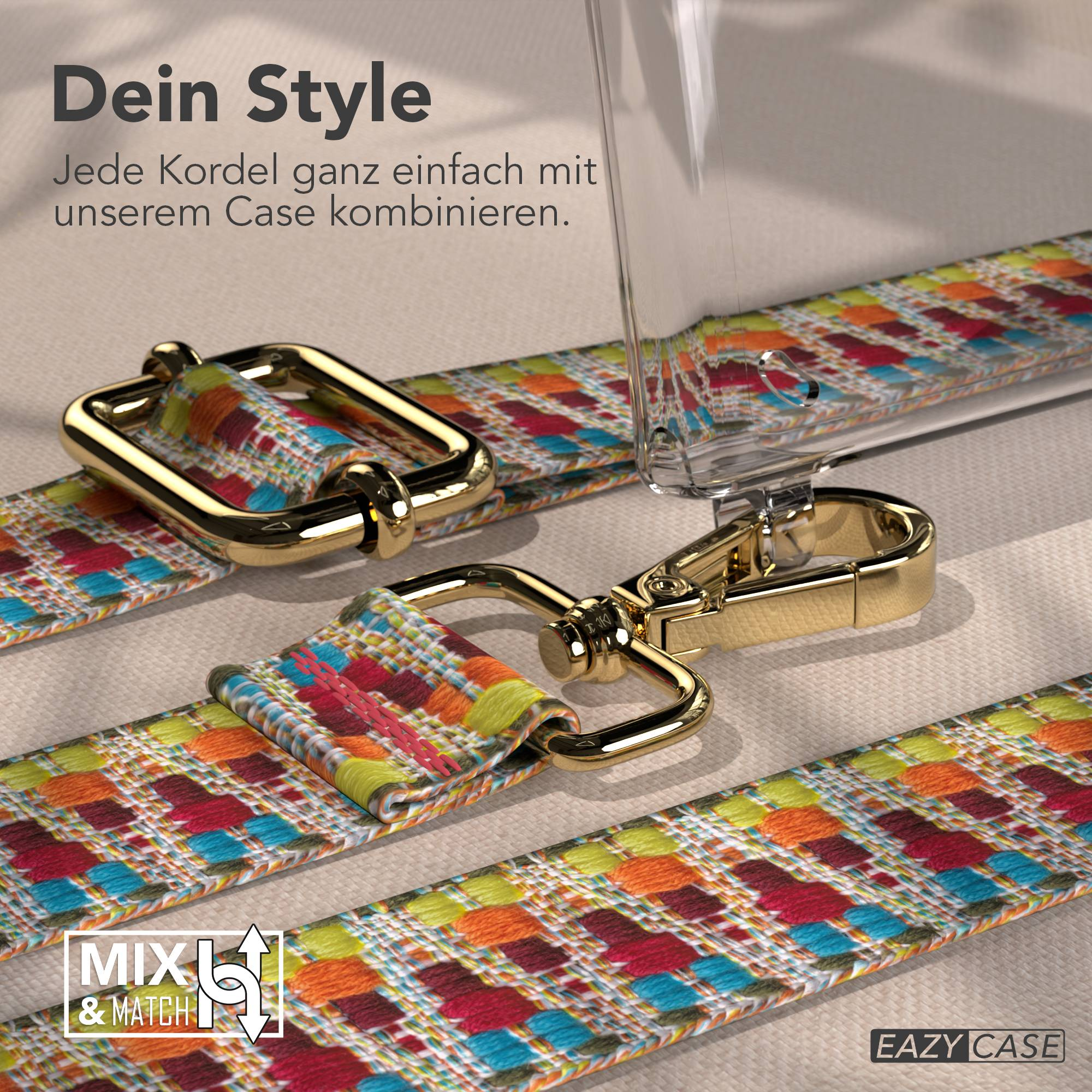 Buntes gewebtes Band mit goldener Hardware. Text: Dein Style.