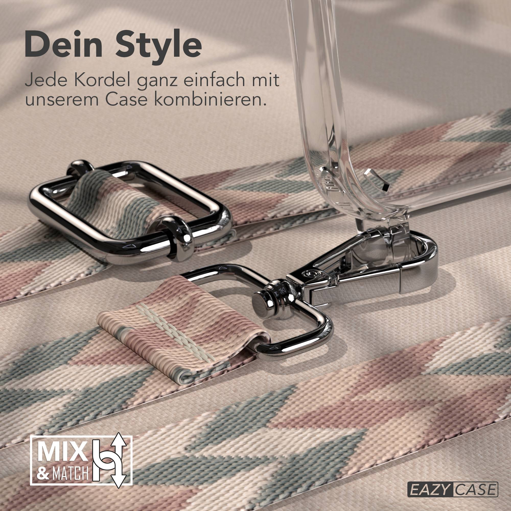 Nahaufnahme eines Handyhüllen-Riemens mit Metallverschlüssen und geometrischem Muster.