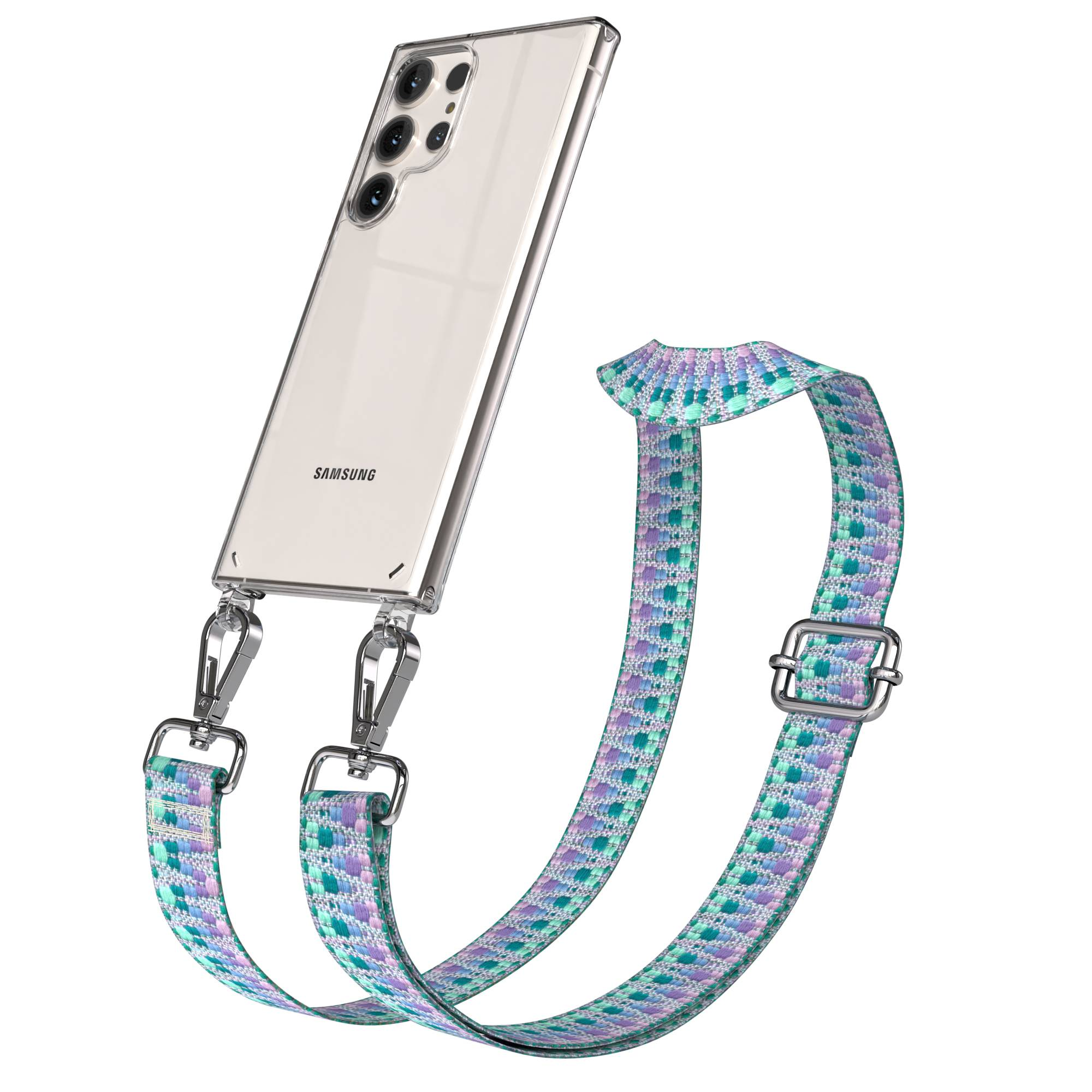 Klare Handyhülle mit einem bunten gewebten Lanyard an Metallclips.