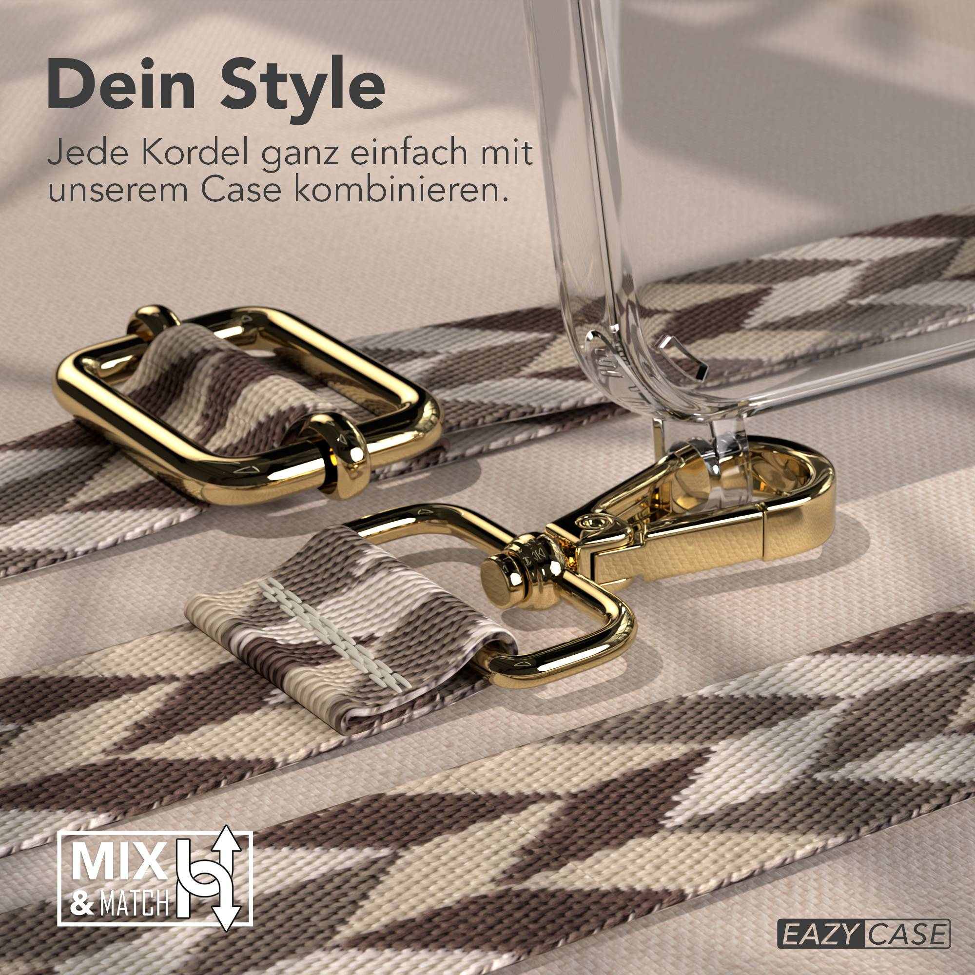 Eine transparente Handyhülle mit einem gemusterten Riemen und goldenen Beschlägen.
