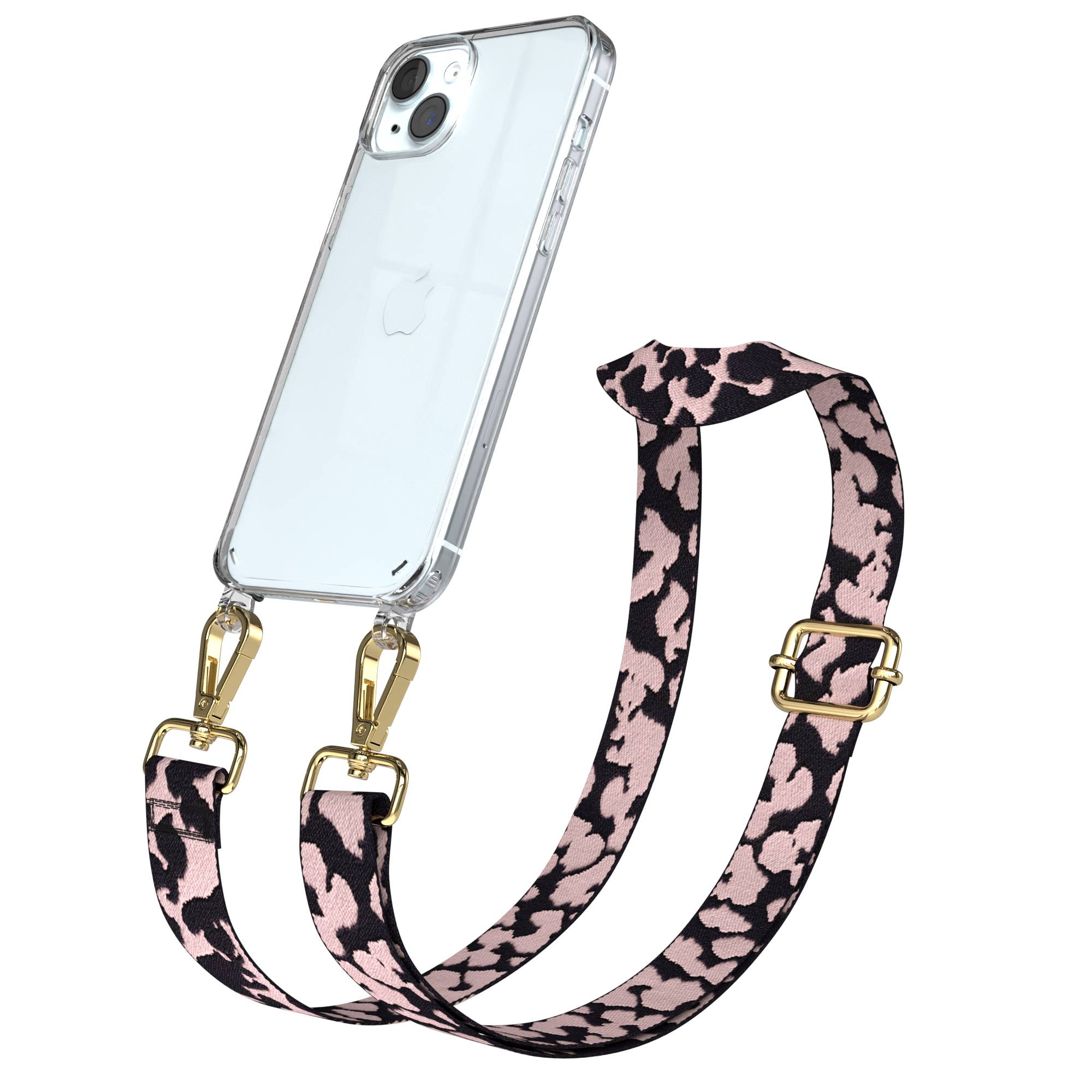 Ein durchsichtiges Handy mit einem Leopardenmuster-Riemen und goldenen Schnallen.