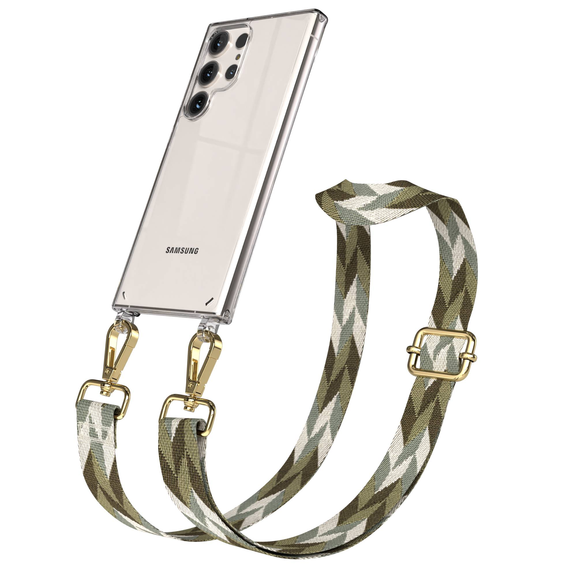 Ein durchsichtiges Samsung-Handy mit Kameras und einem Zopfmuster-Gurt.