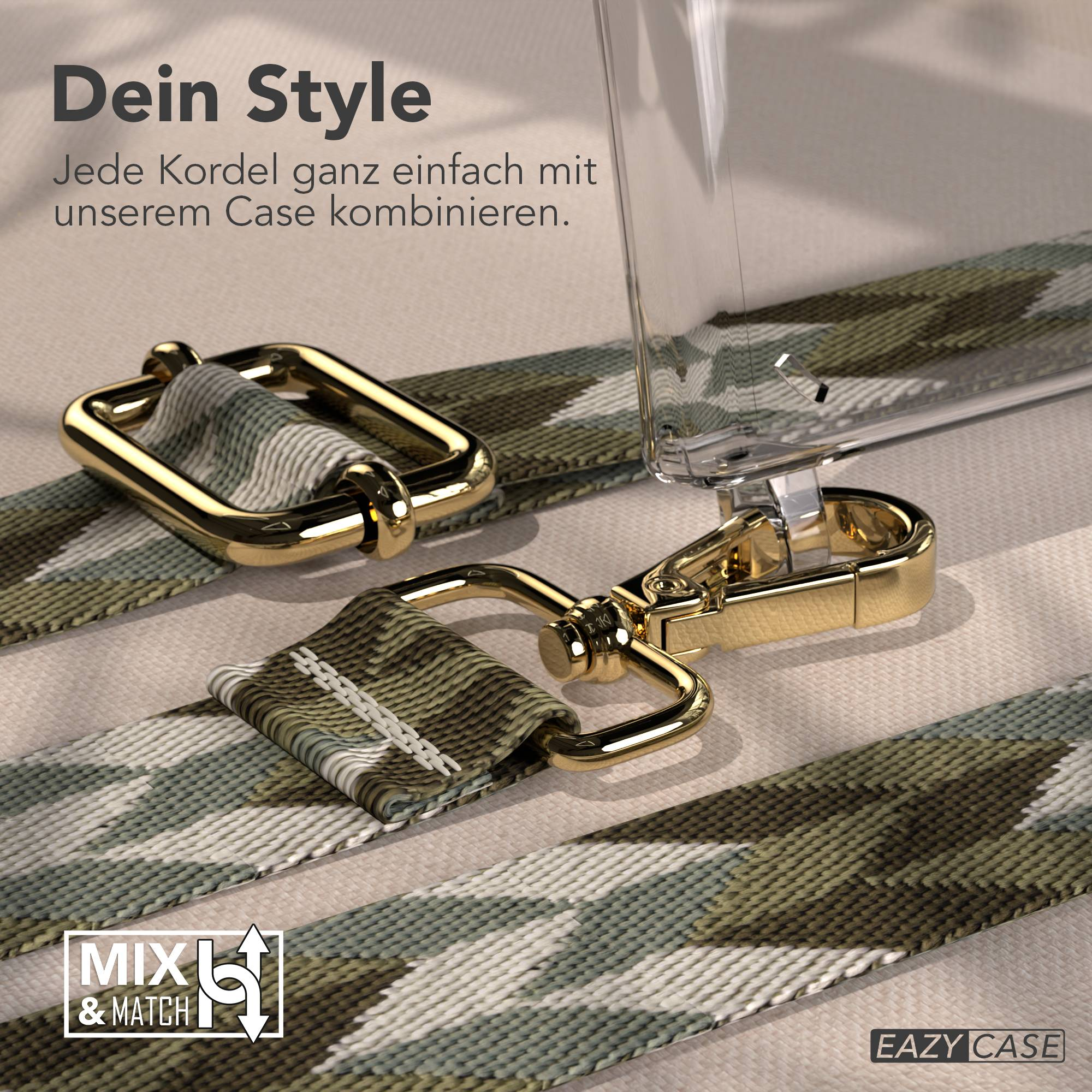 Goldene Verschlüsse auf einem Camouflage-Riemen für eine Handyhülle, mit "Mix & Match" Logo.