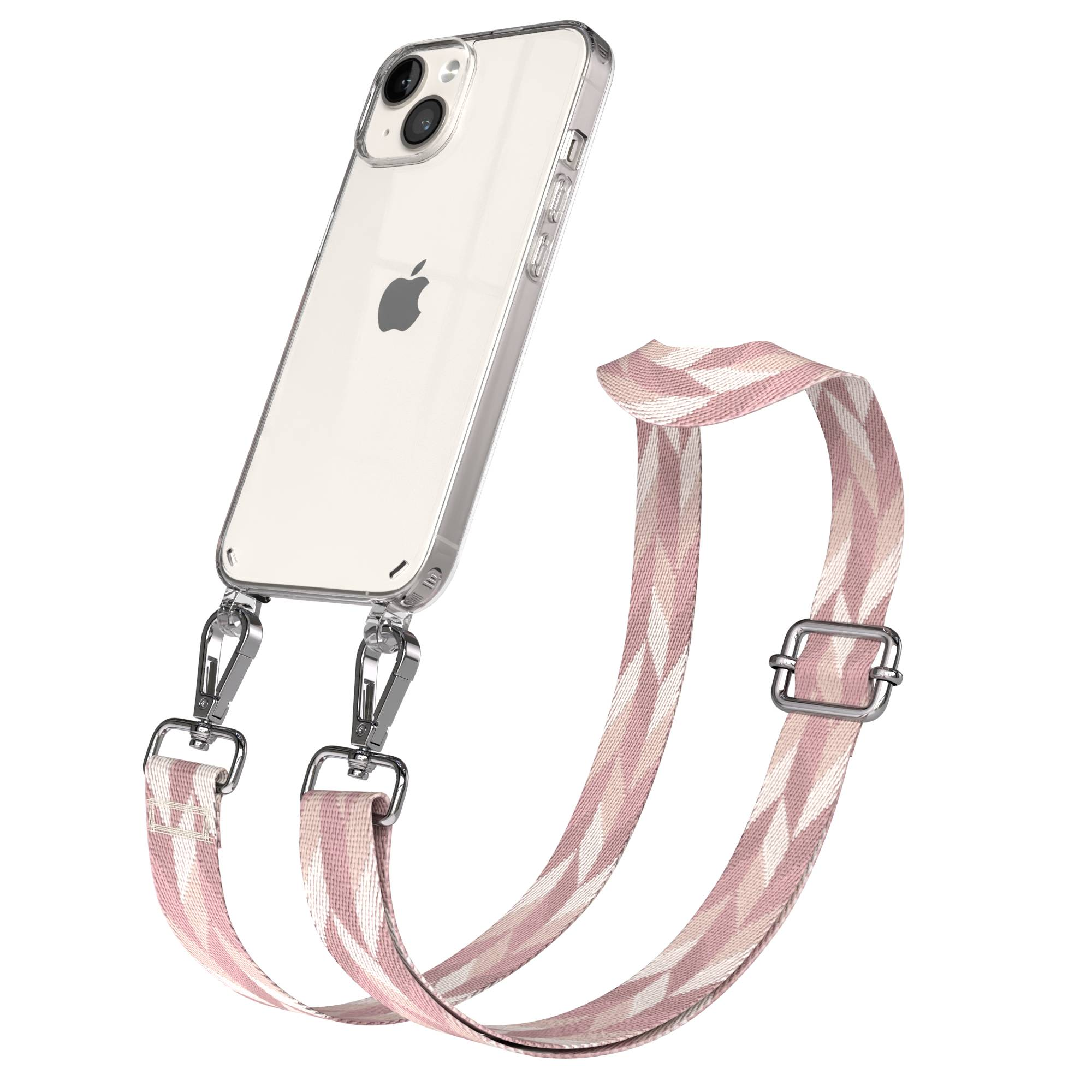 Ein durchsichtiges iPhone mit einem rosa gemusterten Trageriemen, der an Metallclips befestigt ist.