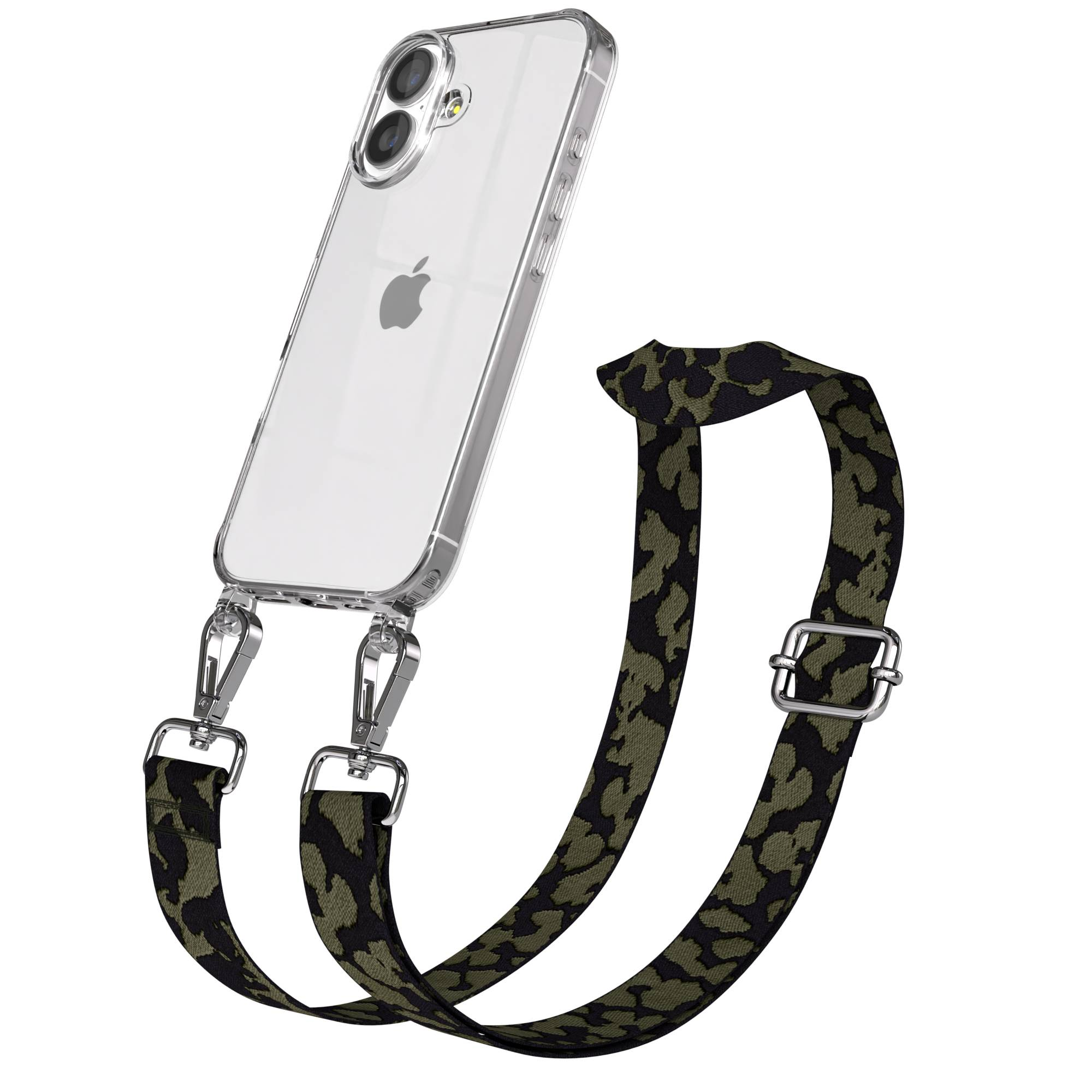 Ein klares iPhone mit einem Tarnmuster-Trageriemen aus Stoff in Olivgrün und Schwarz.