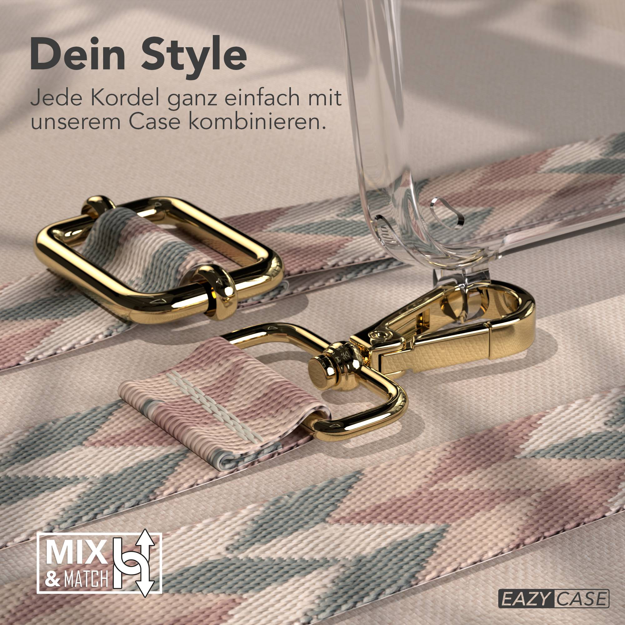 Goldene Schnallen verbinden ein gemustertes Band mit einem transparenten Case.