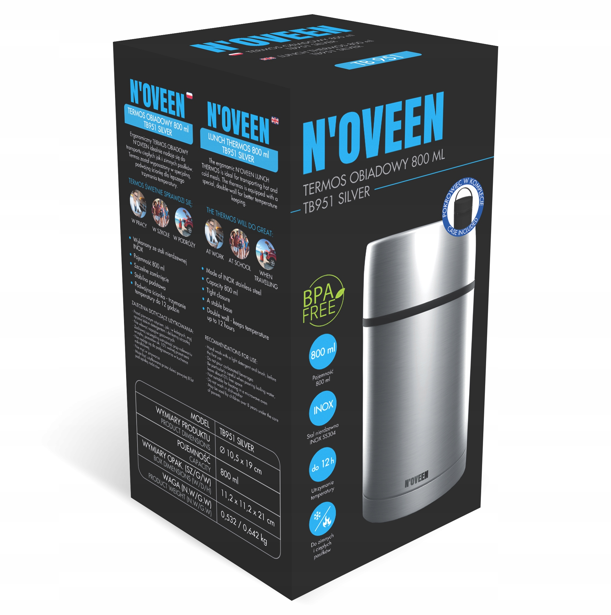 Srebrny termos N'Oveen, 800ml, bez BPA, utrzymuje ciepło/zimno do 12h.