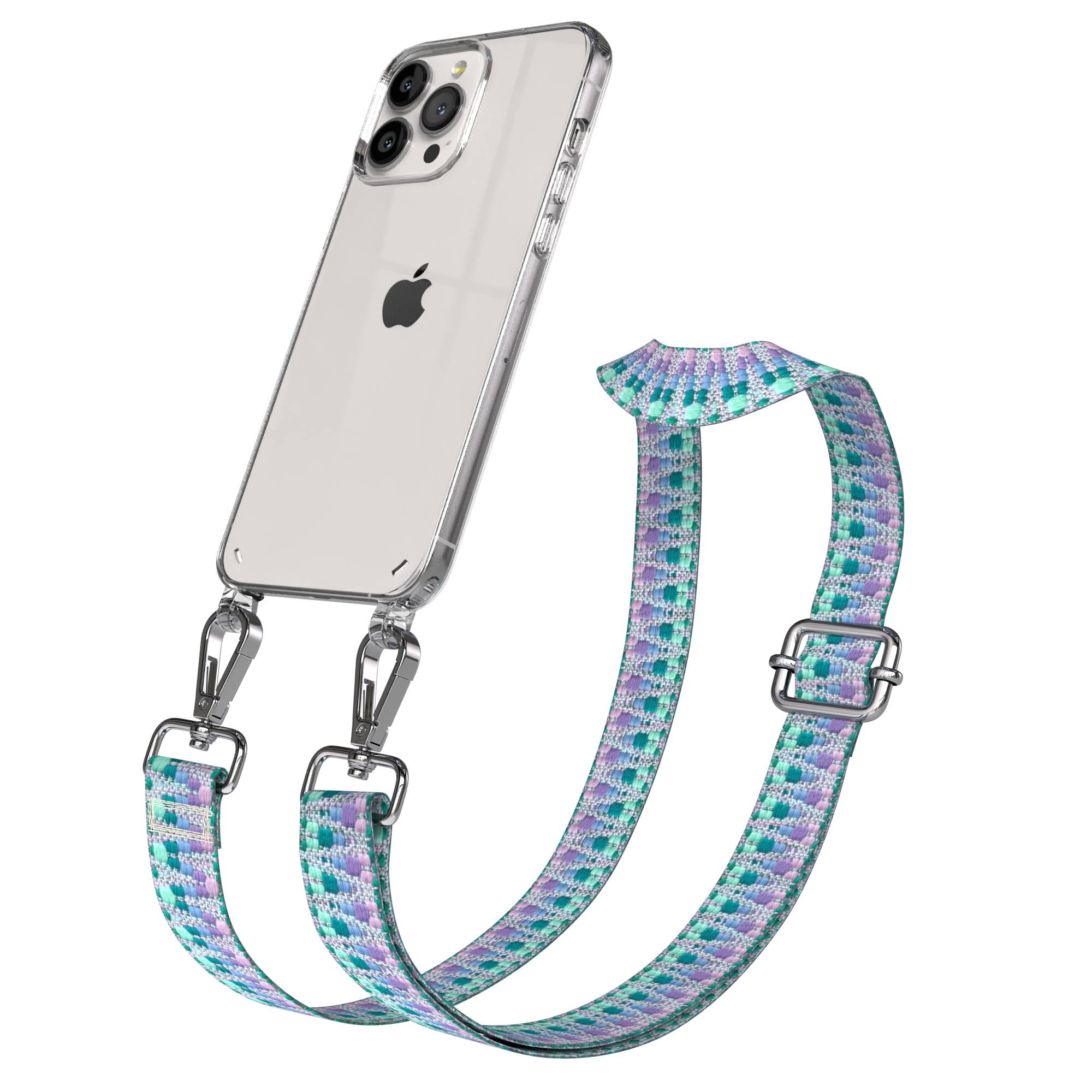 Klare Handyhülle mit geflochtenem Band in Lila, Türkis und Weiß, befestigt mit silbernen Clips.