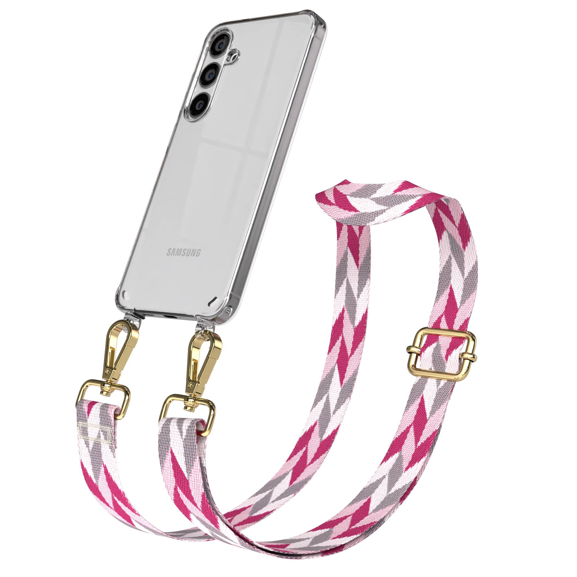 Ein transparentes Handyhülle mit einem Samsung-Telefon und einem geflochtenen Gurt.