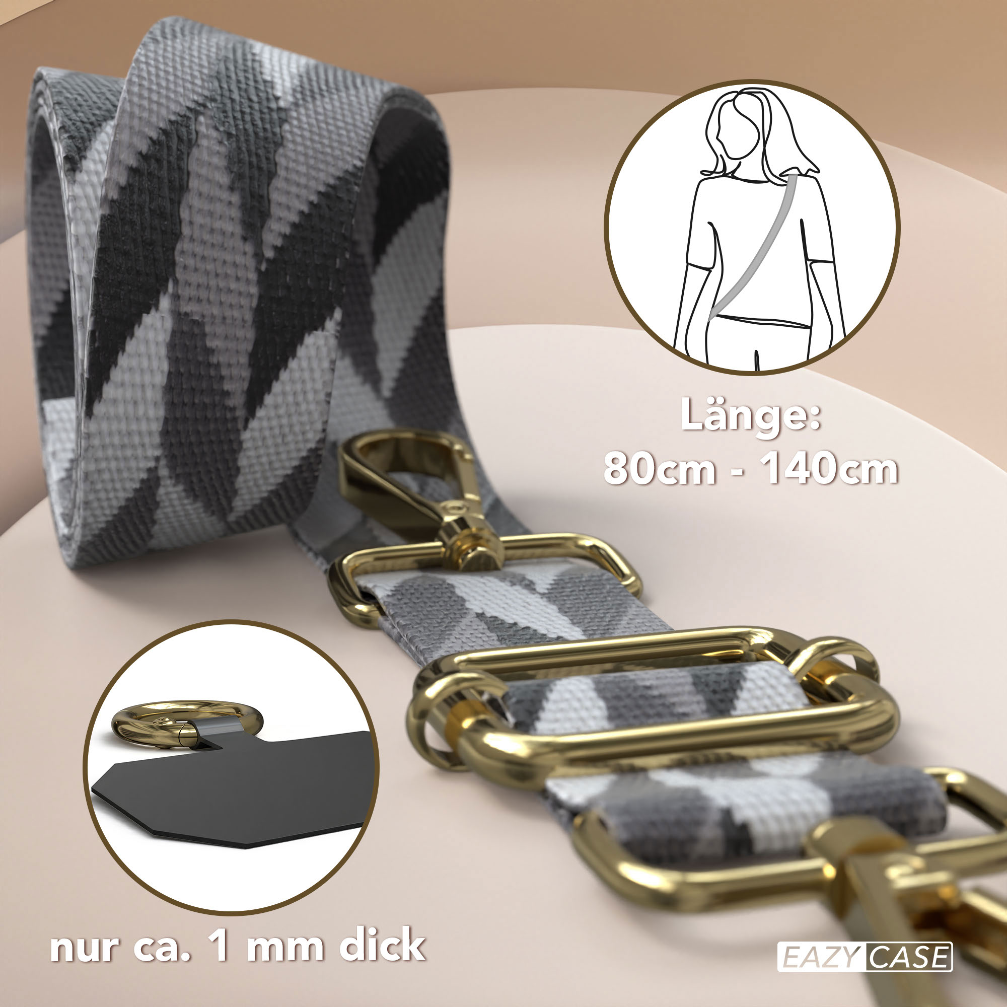 Graues Band mit Camouflage-Muster und goldener Hardware, 80-140cm lang, 1mm dick.