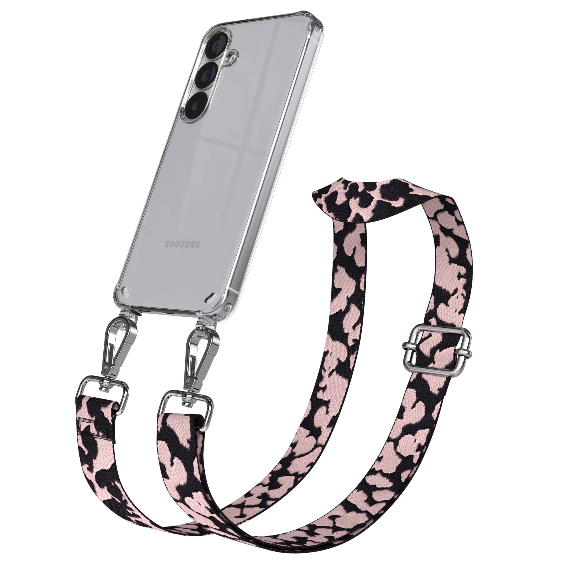 Ein durchsichtiges Samsung Handy mit einem Leopardenmuster-Tragband.