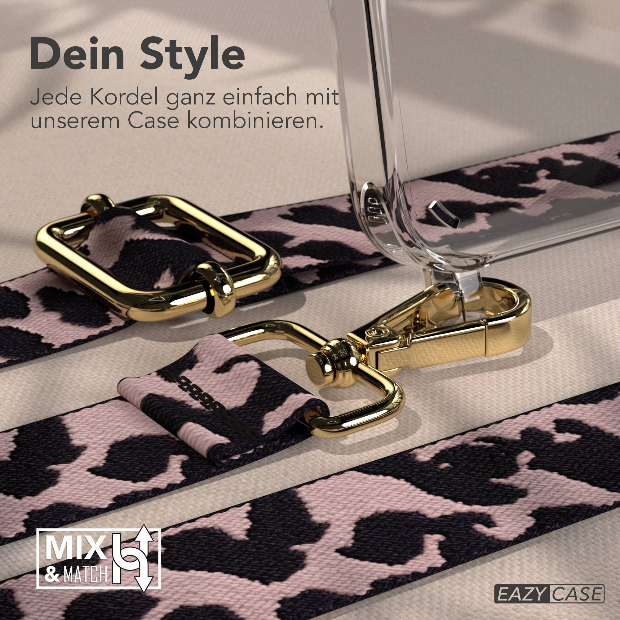 Eine durchsichtige Handyhülle mit Leo-Muster-Gurt und Gold-Hardware.