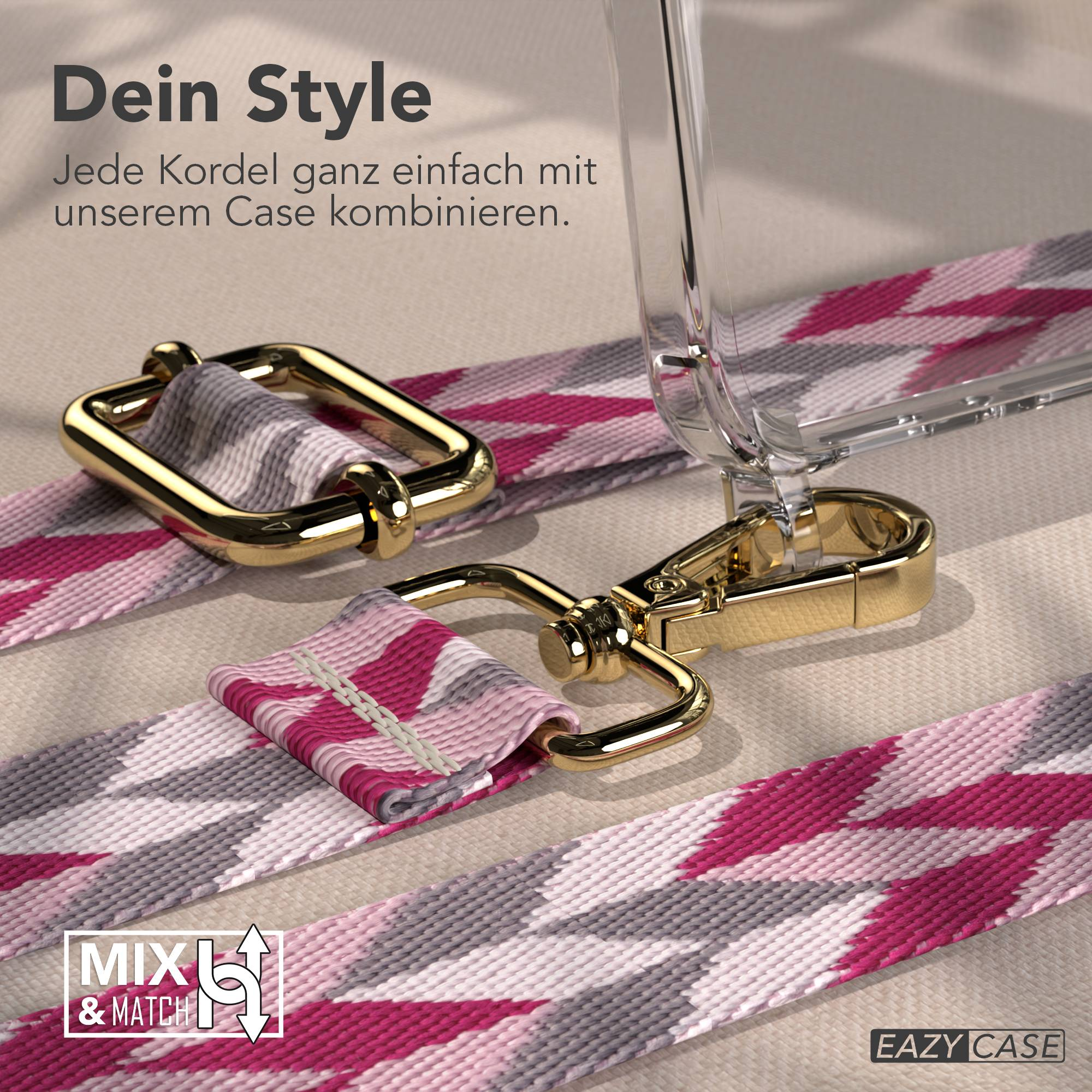 Nahaufnahme eines Handyriemens mit geometrischem Muster und goldener Hardware.