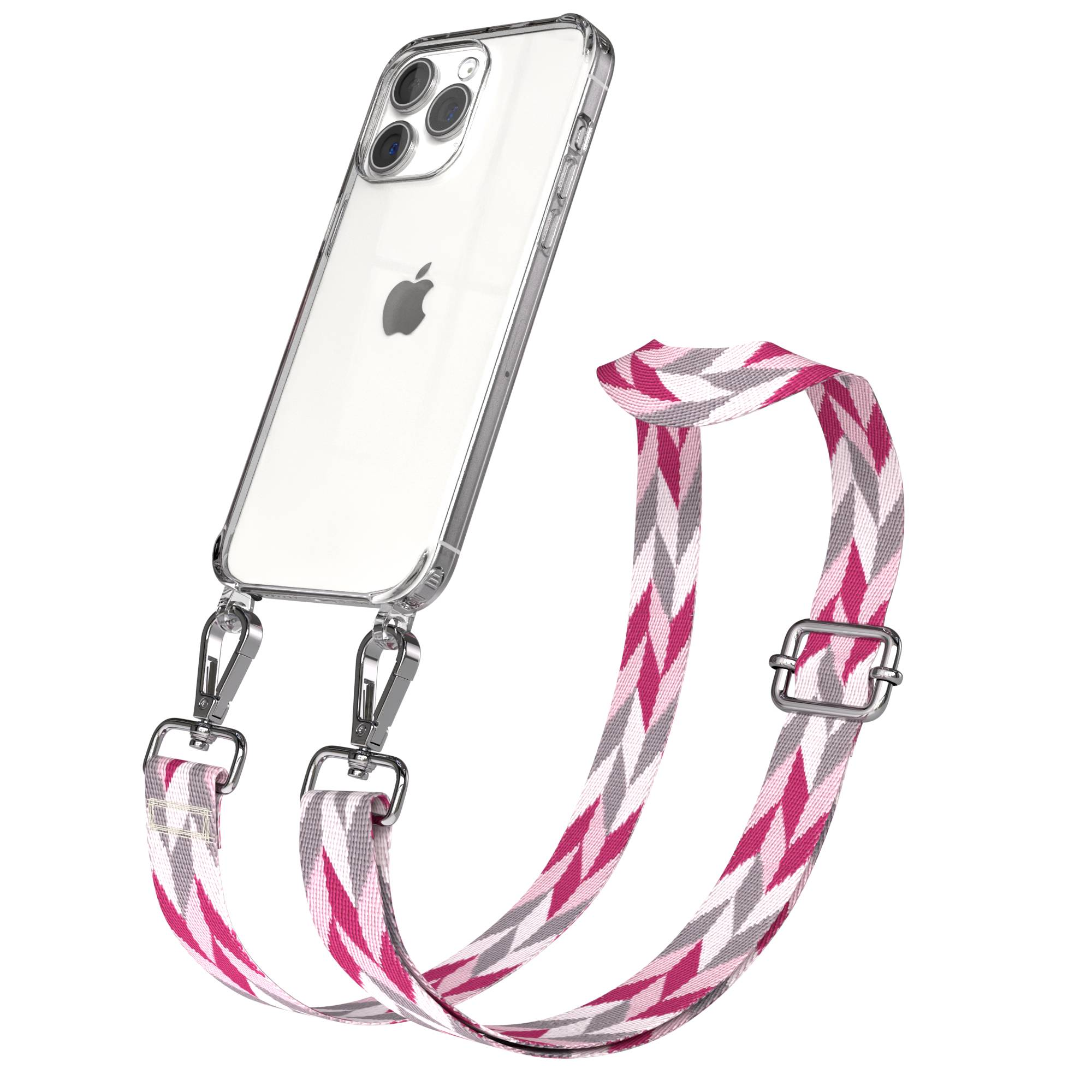 Klare Handyhülle mit gemustertem Riemen in Pink, Grau und Weiß.