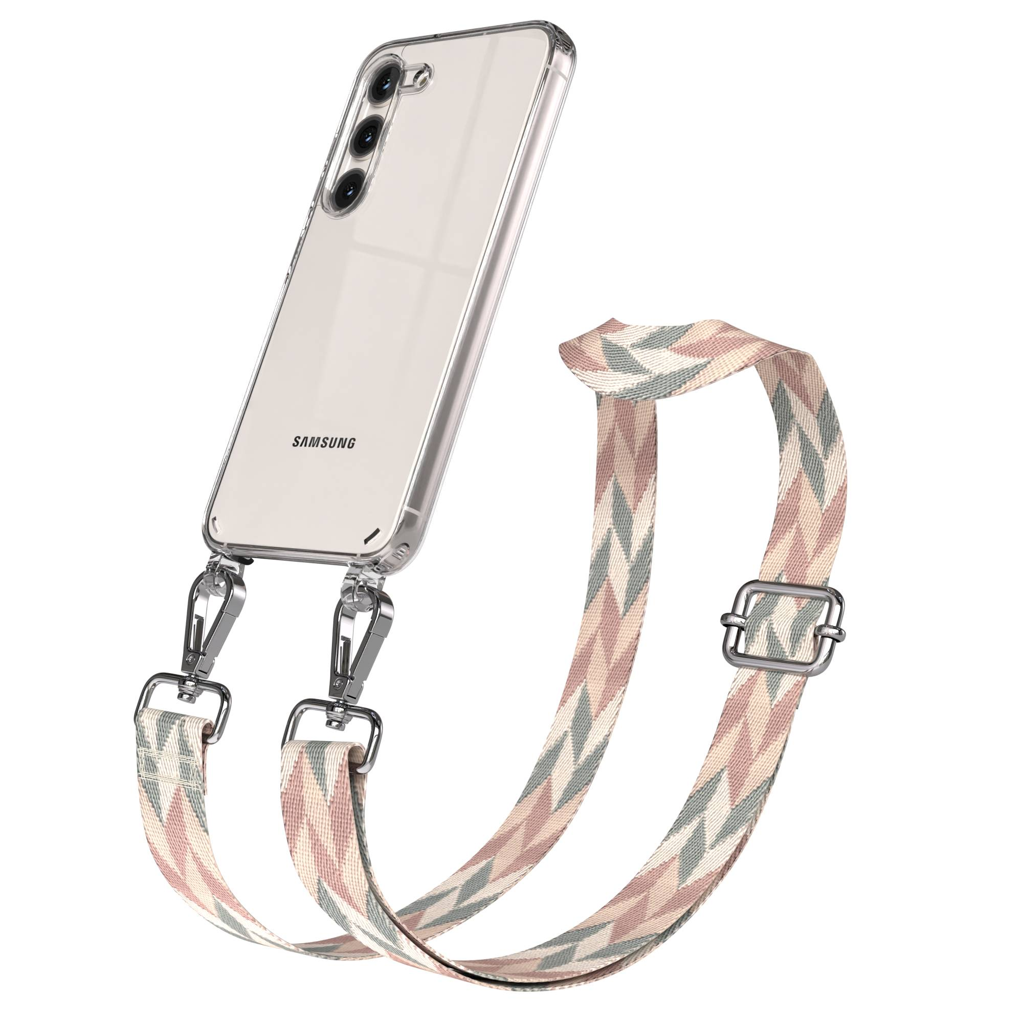 Ein transparentes Samsung-Handy mit einem gemusterten Tragegurt in Rosa, Grün und Beige.