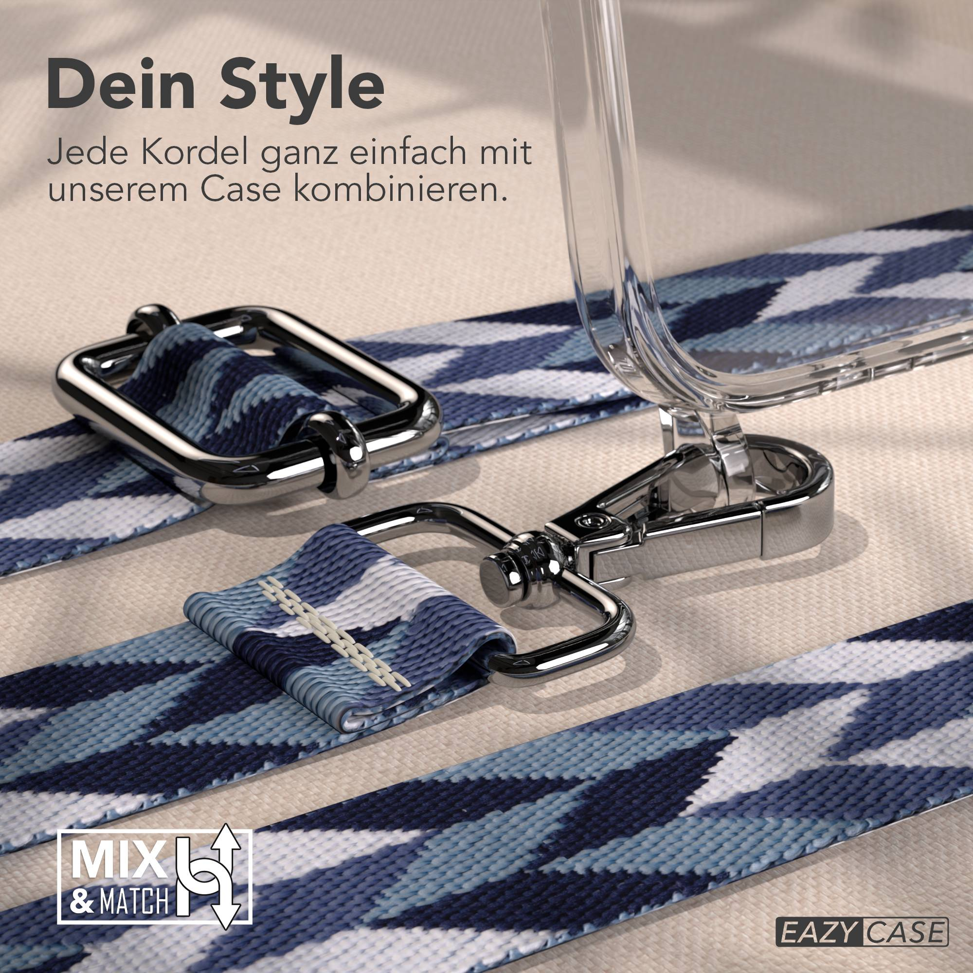 Handyhülle Gurt mit blauem geometrischem Muster und silbernen Verschlüssen.