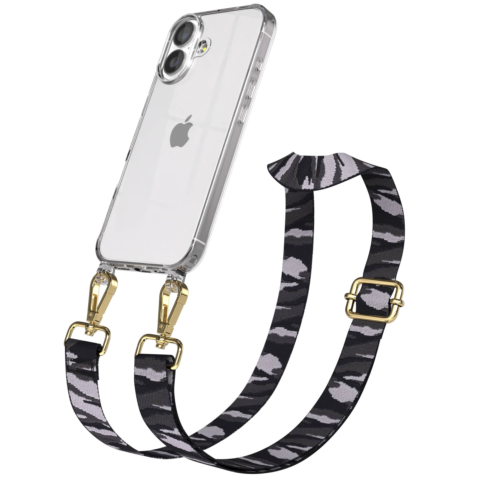 Transparente iPhone-Hülle mit schwarzem und grauem Camo-Riemen und goldenen Verschlüssen.