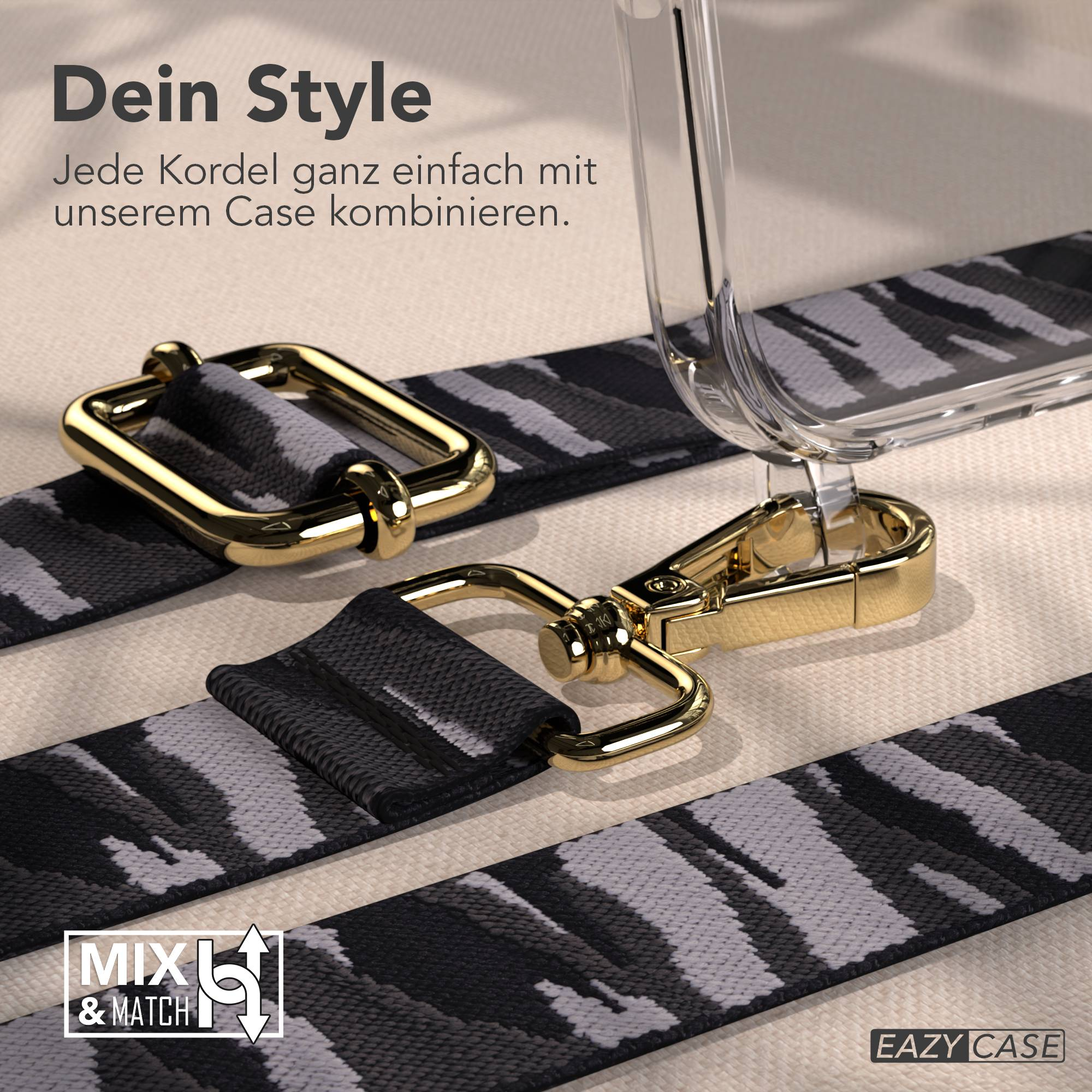 Graues und schwarzes Band mit goldenen Clips und Handyhülle.