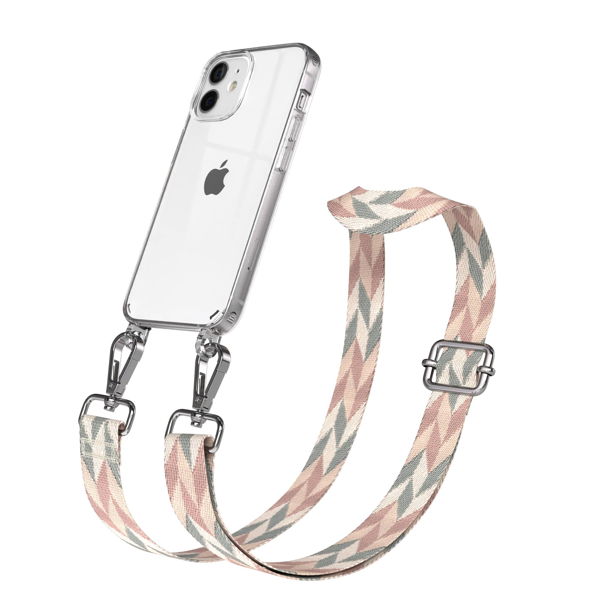 Ein durchsichtiges iPhone mit einem Riemen in Zickzackmuster in Rosa, Beige und Grün.