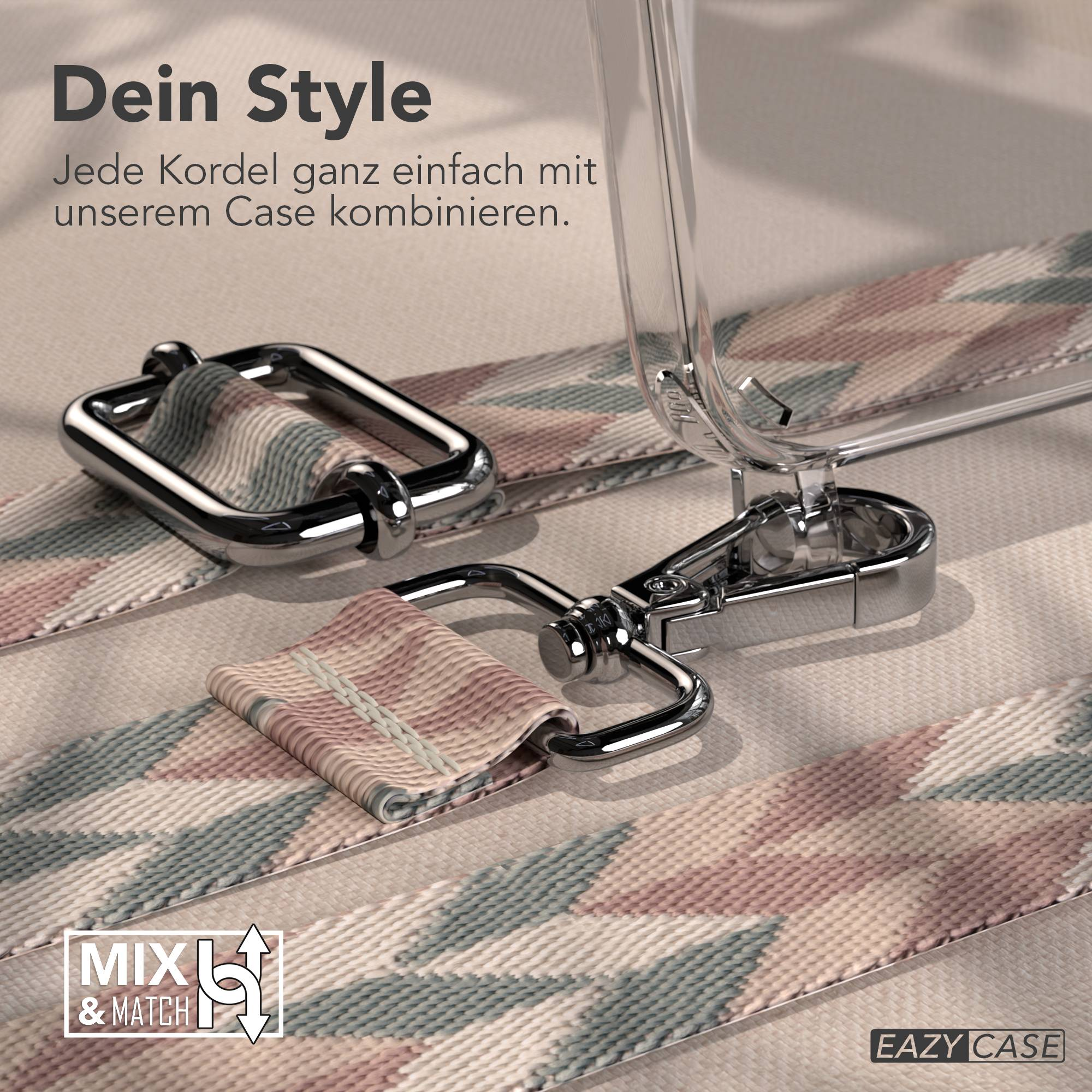 Ein gemusterter Gurt mit Metallverschlüssen und einer klaren Handyhülle.
