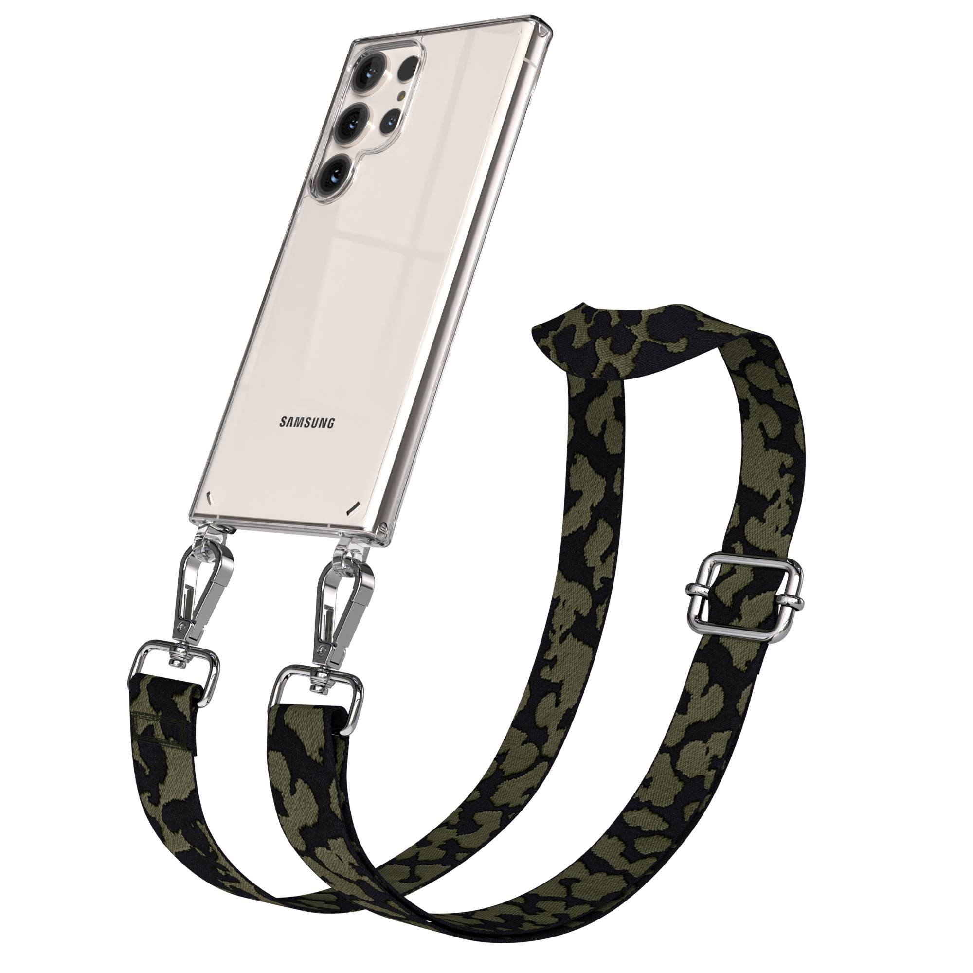 Ein Samsung-Smartphone in einer transparenten Hülle mit einem Tarnmuster-Riemen.