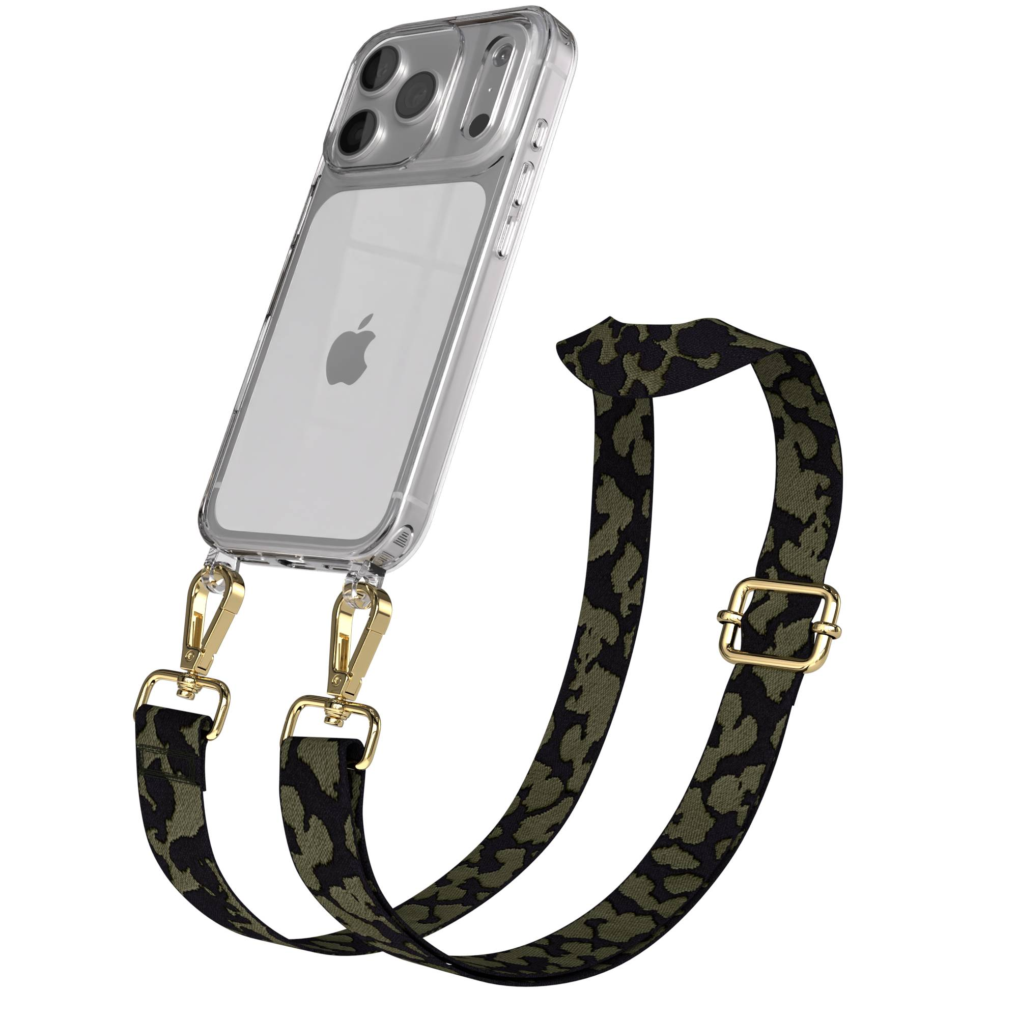 Ein durchsichtiges iPhone-Etui mit einem Tarnmuster-Riemen und goldenen Beschlägen.