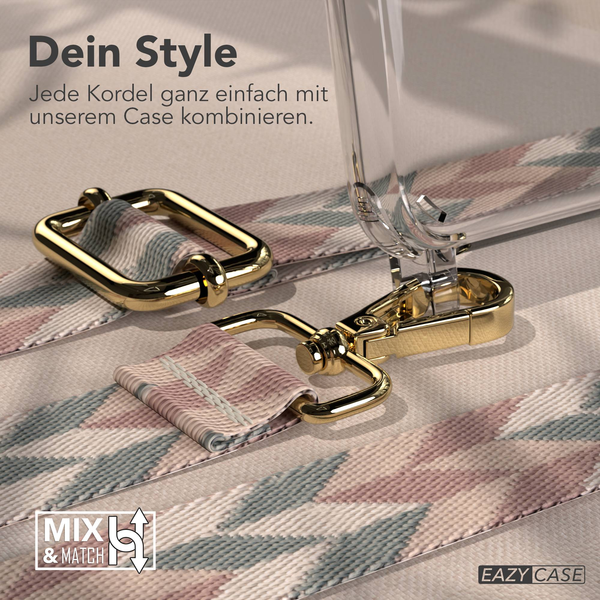 Goldener Karabinerhaken und Band mit geometrischem Muster an einer Handyhülle.