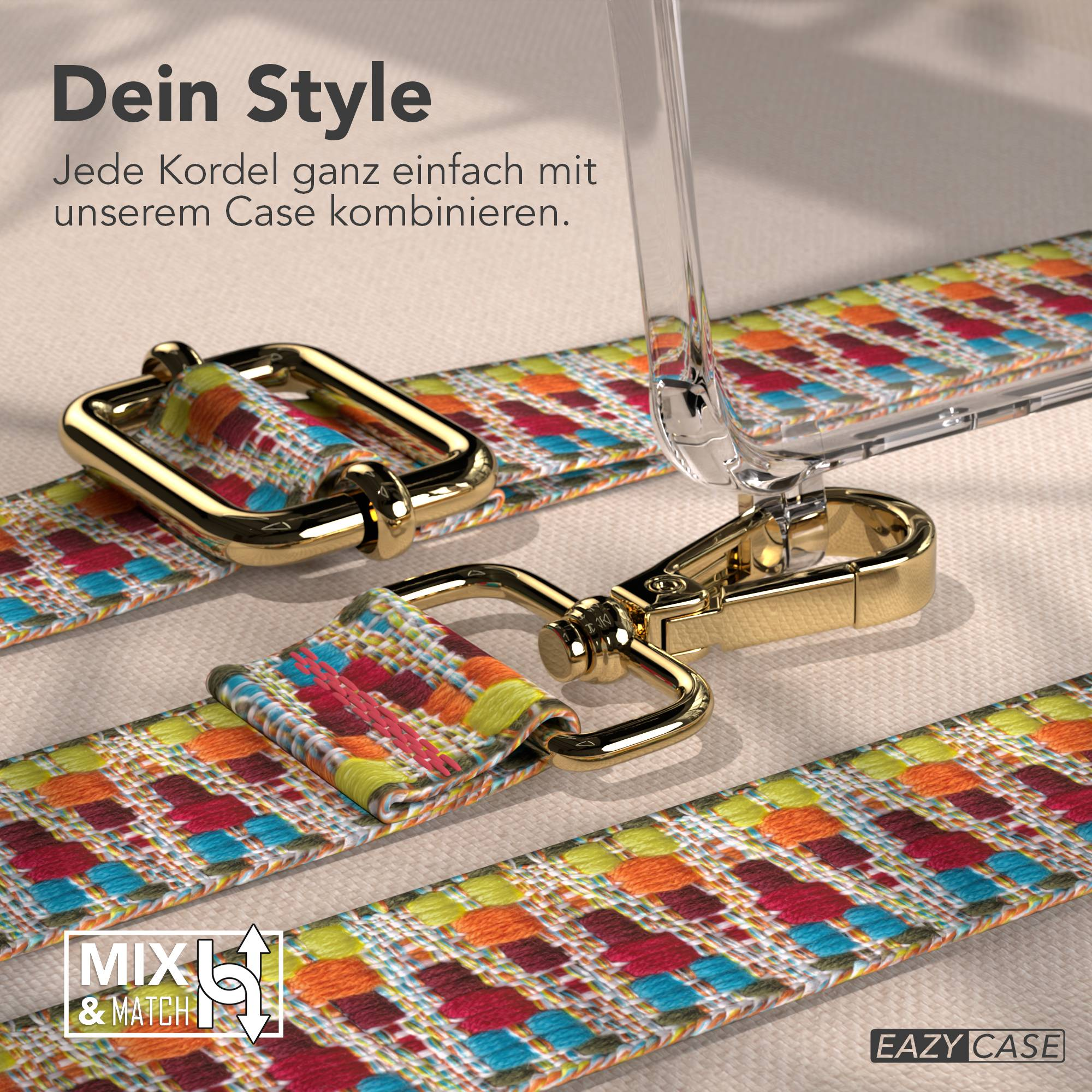Eine bunte Kordel mit goldenen Schnallen und einem transparenten Handyhülle-Detail.