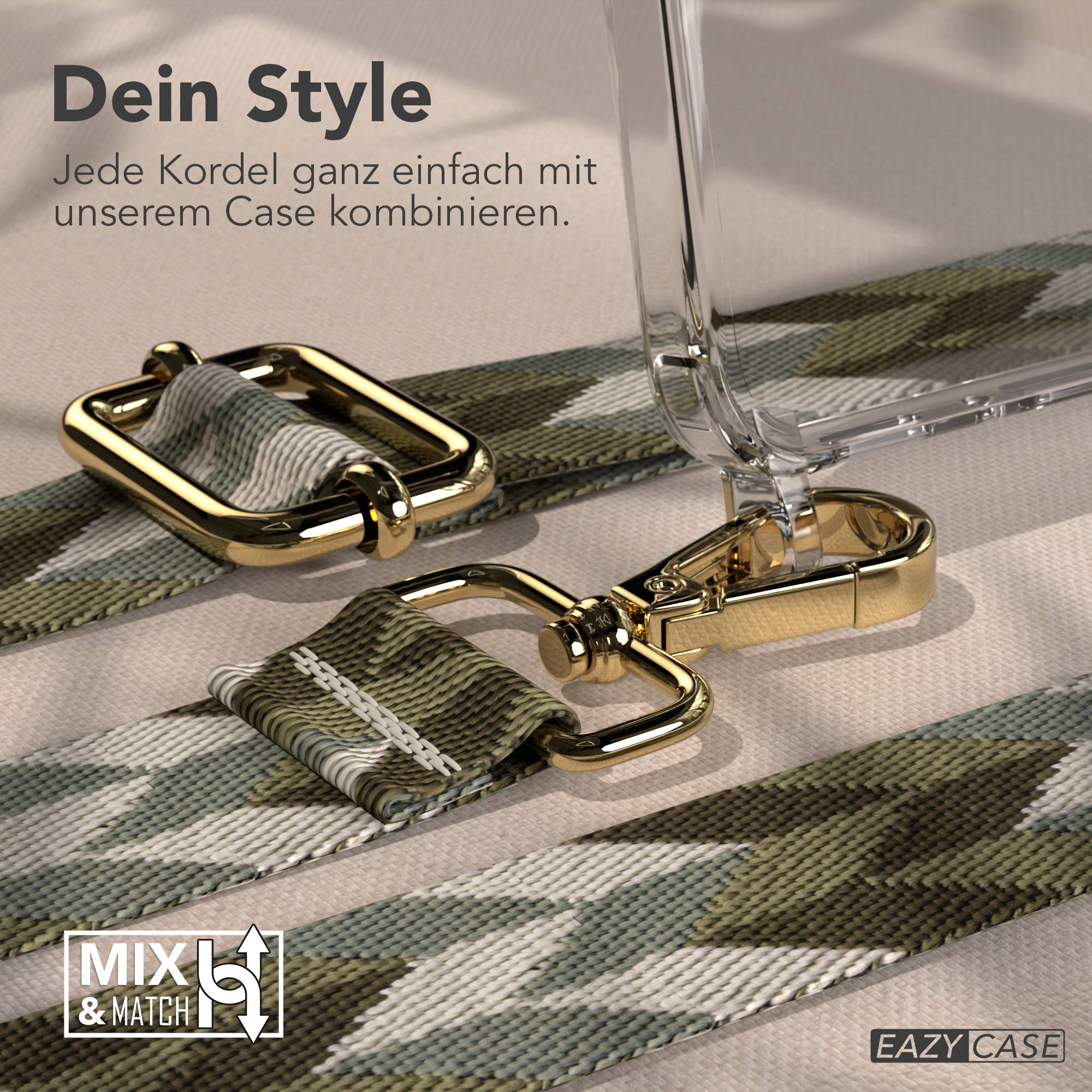 Klare Handyhülle mit Camouflage-Trageriemen und goldener Hardware. Text: Dein Style.