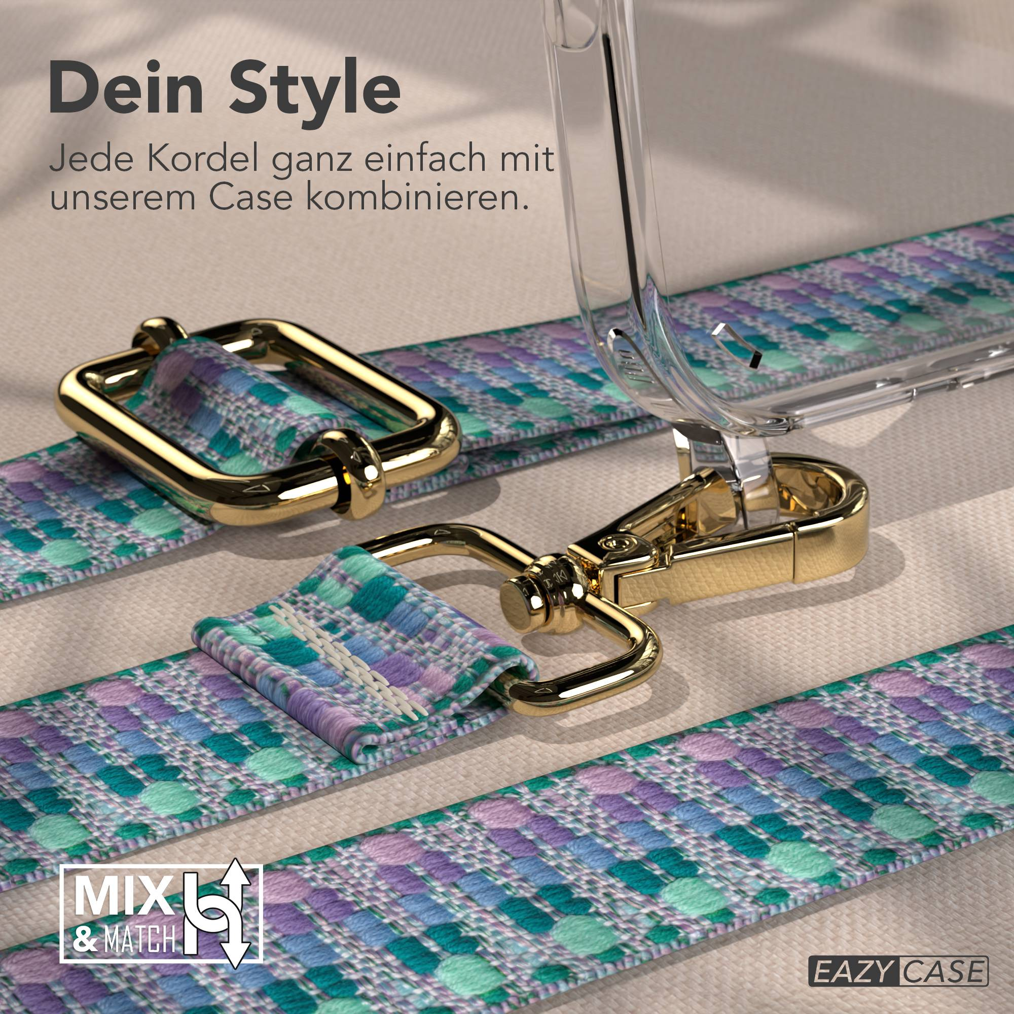 Ein gemusterter Gurt mit goldener Hardware und einer Hülle.