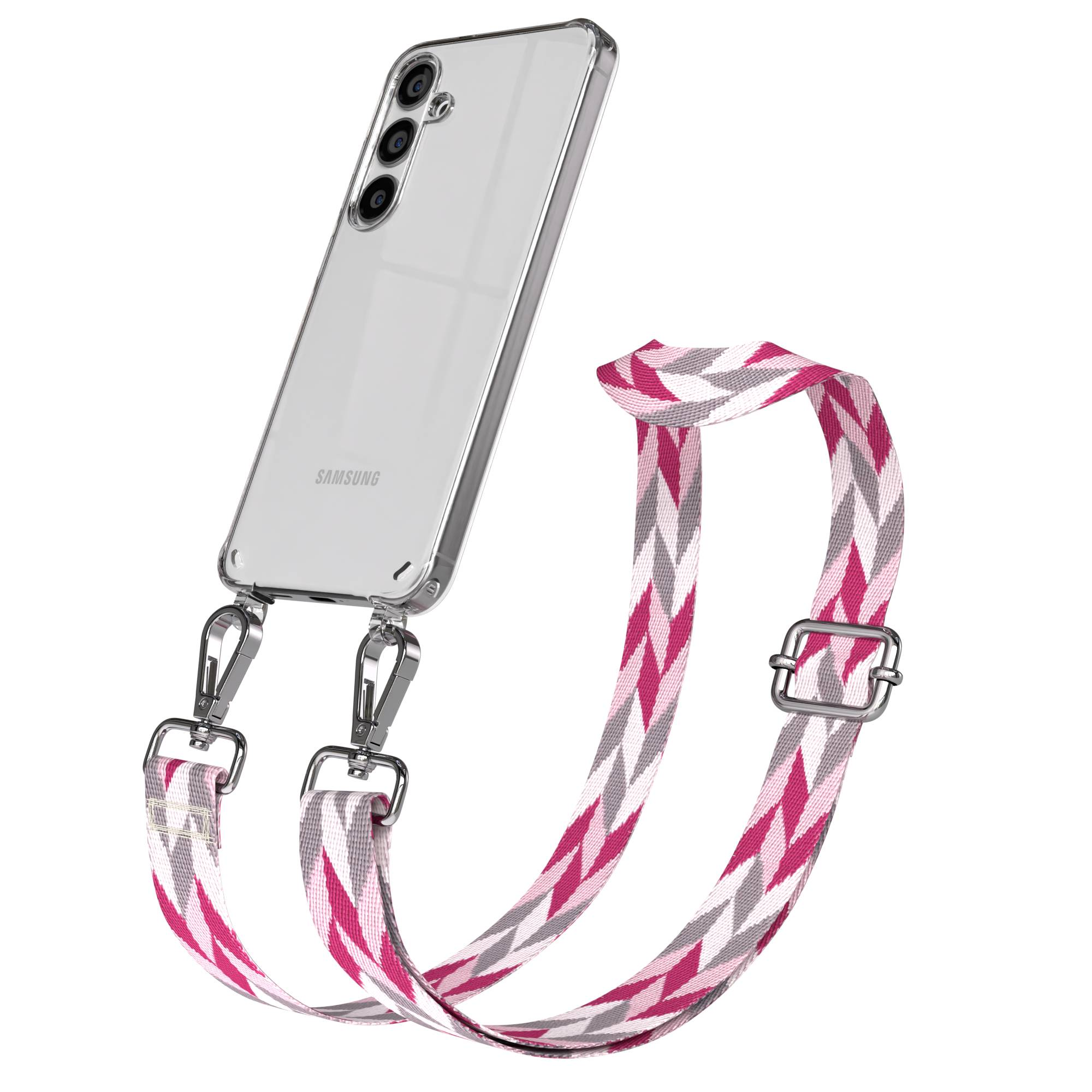 Eine transparente Handyhülle mit einem angebrachten Band in Pink-, Grau- und Weißmuster.