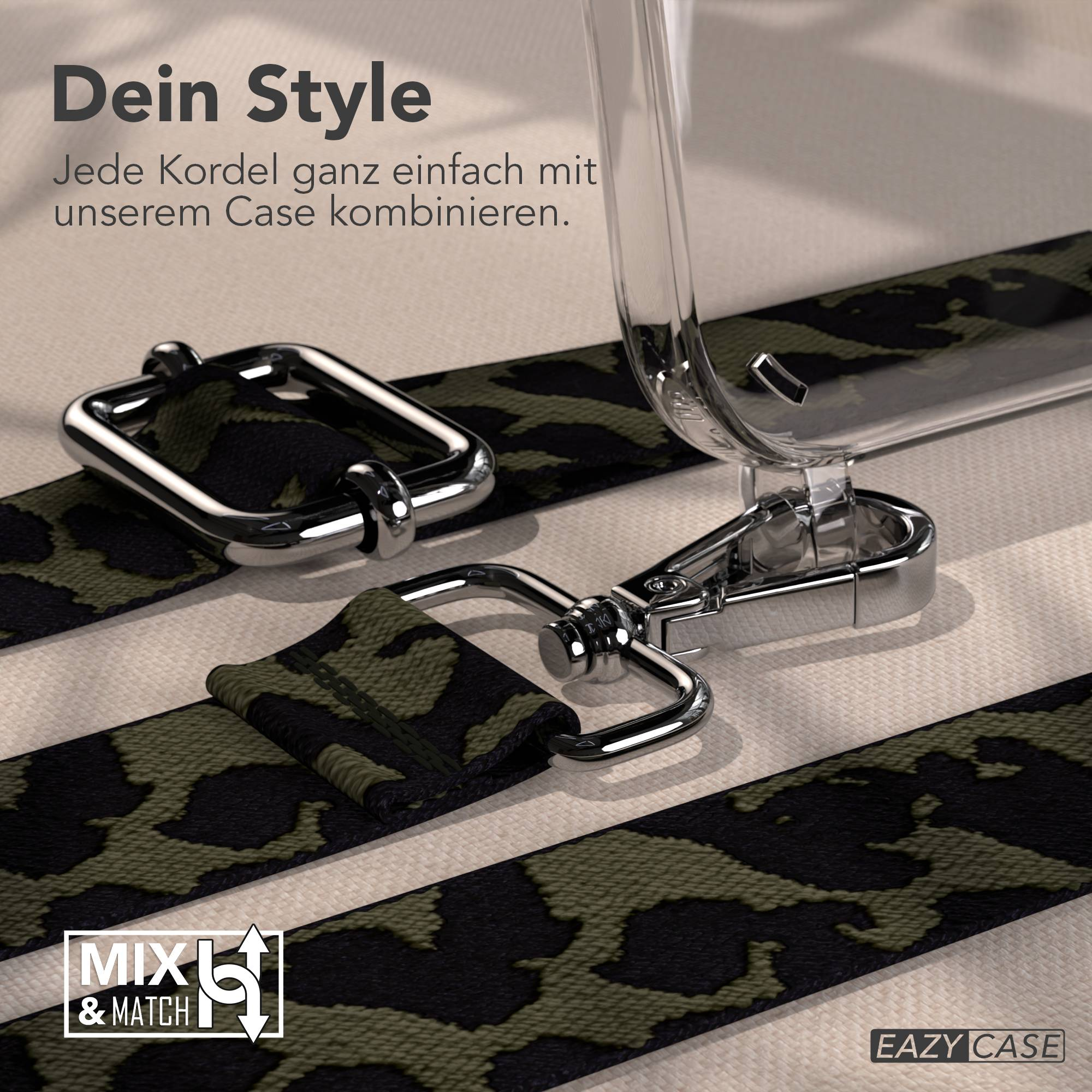 Ein transparentes Handyhülle mit Tarnmuster-Band und silbernen Beschlägen.