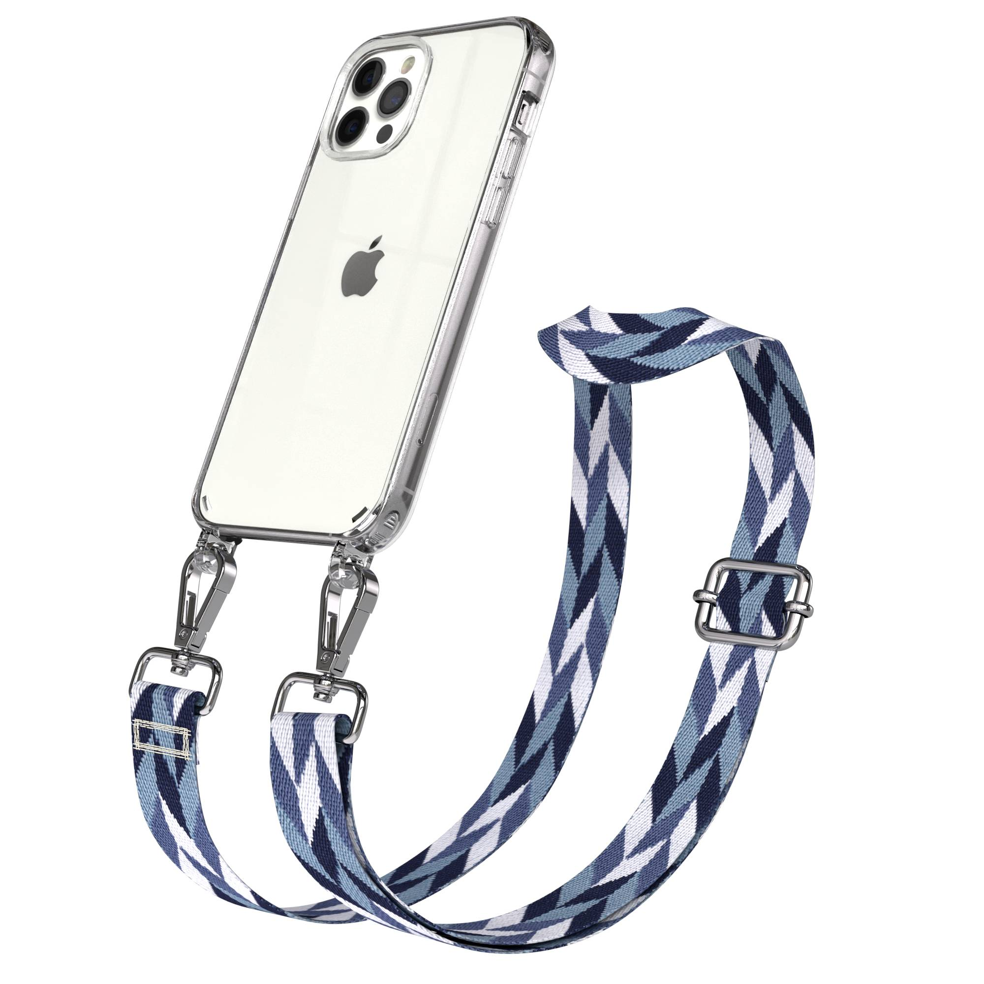 Ein transparentes iPhone mit einer blauen, weißen und marineblauen Riemenhalterung.