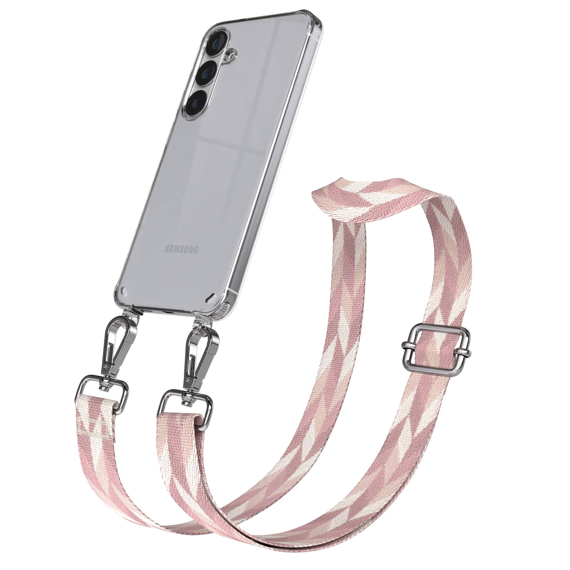 Ein durchsichtiges Samsung-Handy mit einer rosa gemusterten Handschlaufe und silbernen Clips.