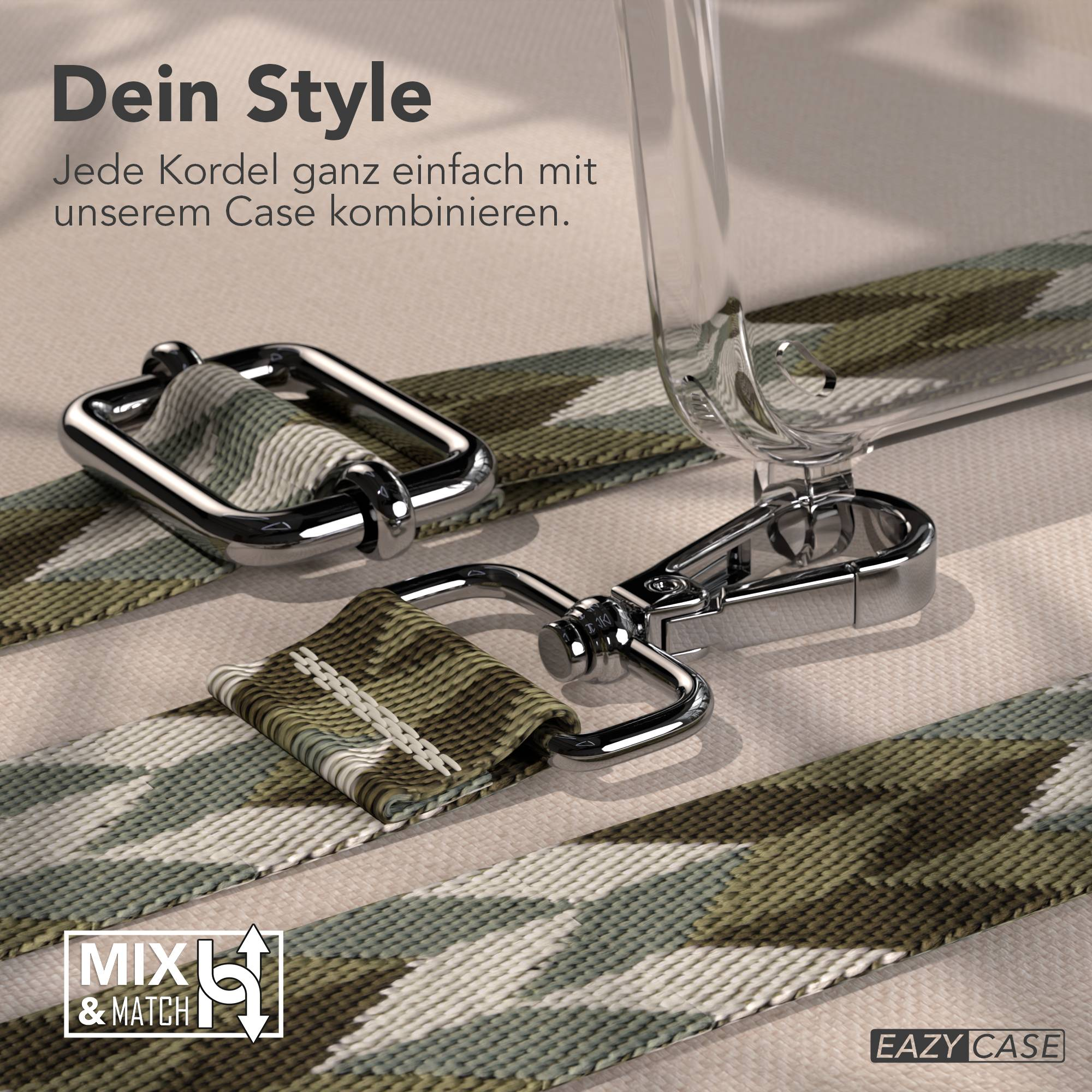 Camo-Muster-Kordel mit silbernen Schnallen und einem transparenten Gehäuse.