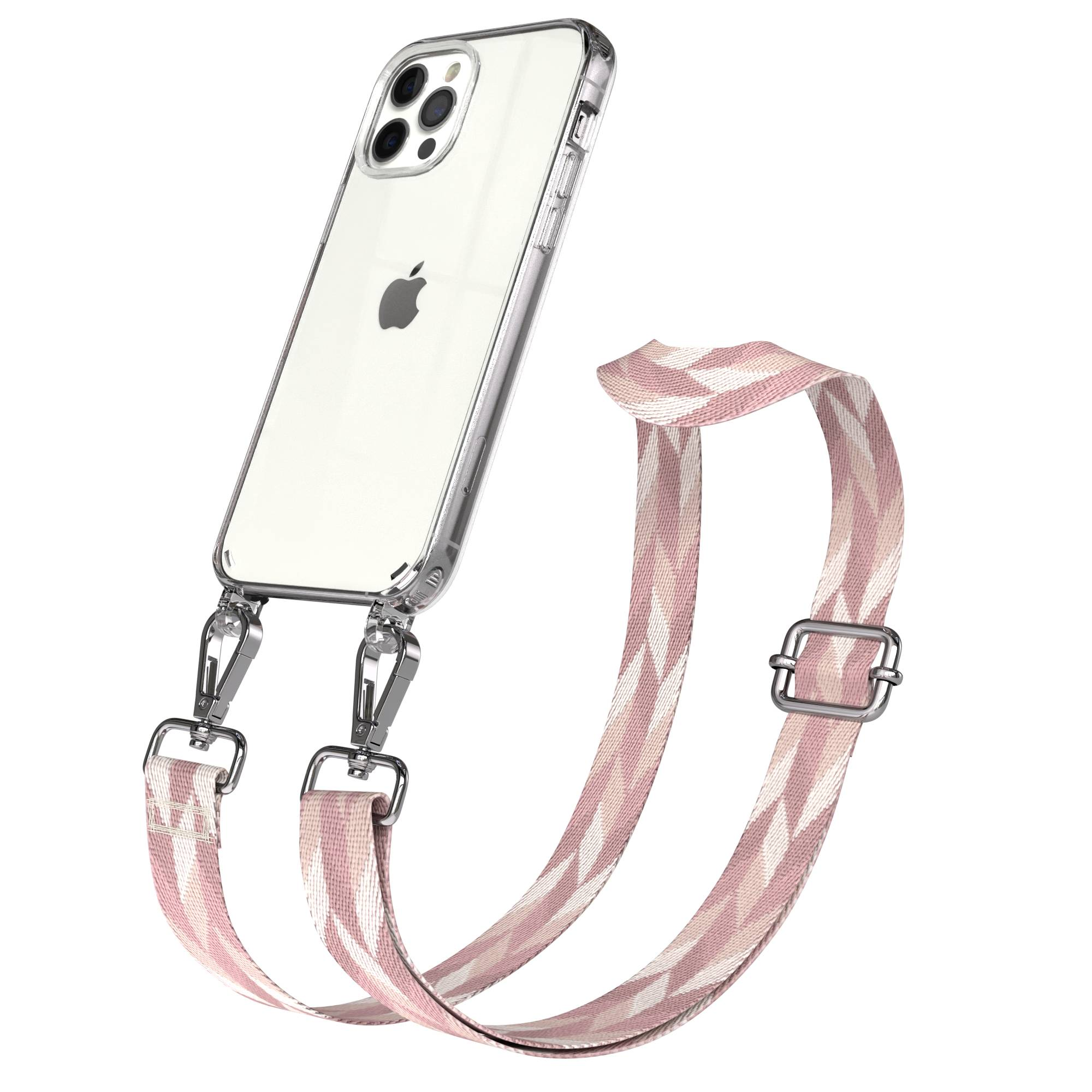 Ein durchsichtiges iPhone mit einem Kordelband mit rosa und weißem Zickzackmuster.