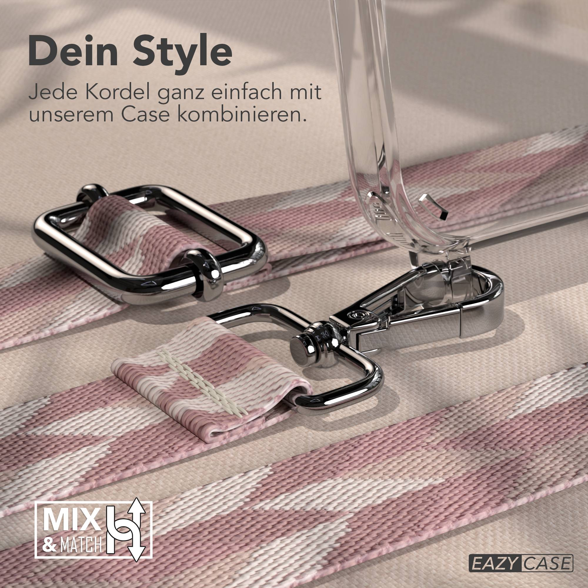 Ein pink-weiß gemustertes Band mit silberner Hardware für eine Handyhülle.