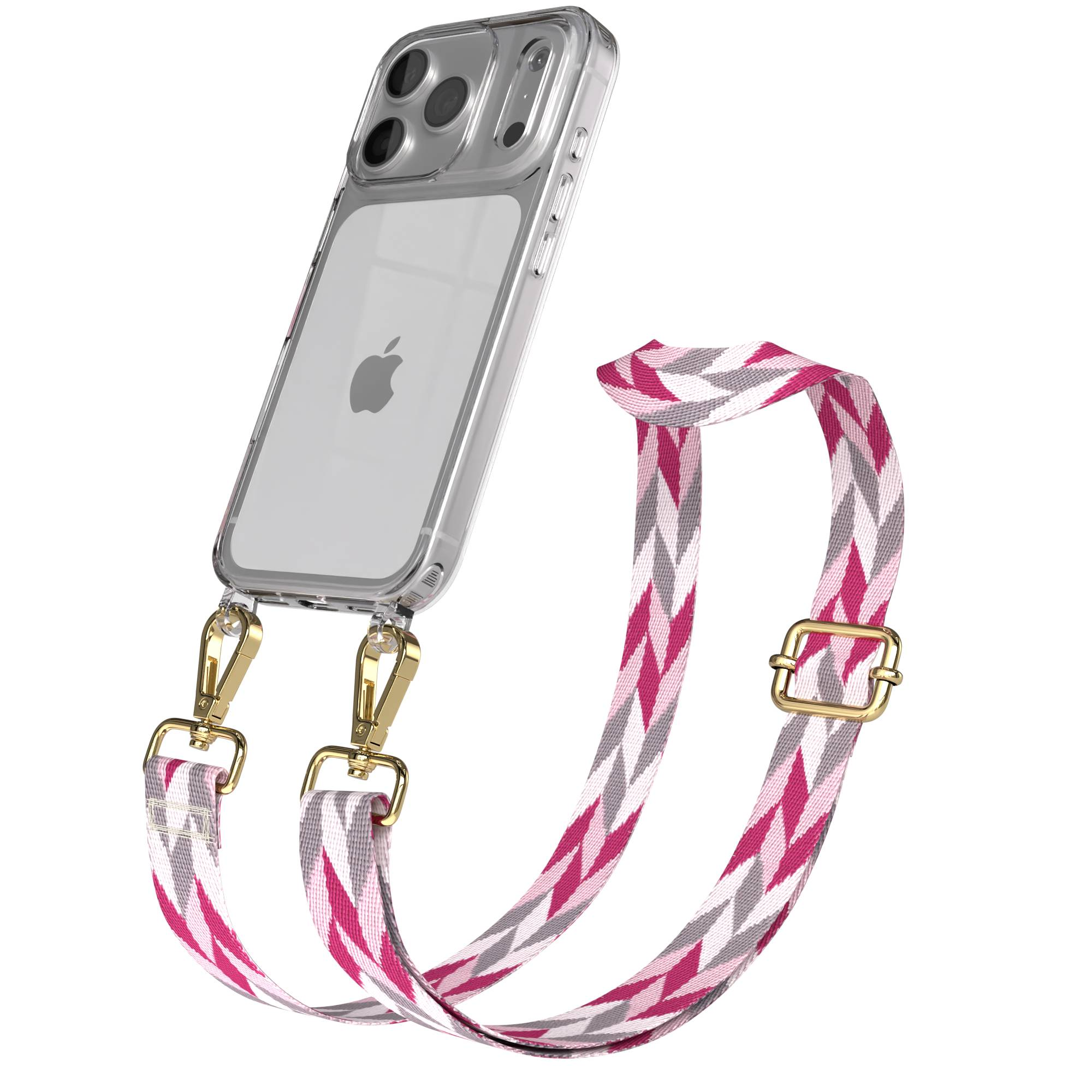 Ein durchsichtiges Handyhülle mit einem pink-grauen Zickzackmuster-Riemen.