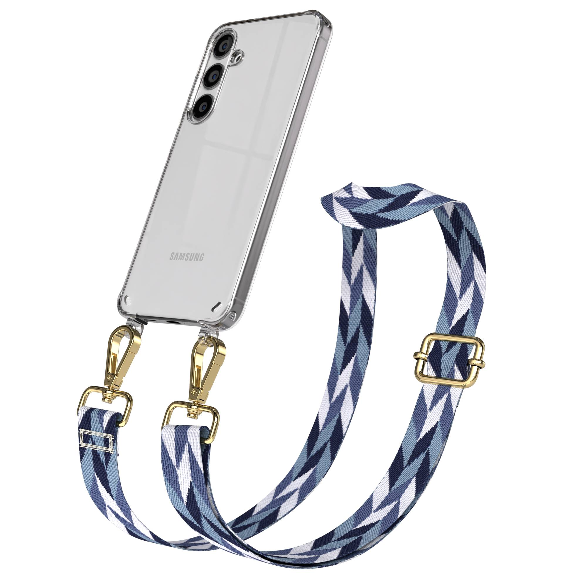 Klare Handyhülle mit blau-weißem geometrischem Gurt an goldenen Verschlüssen.