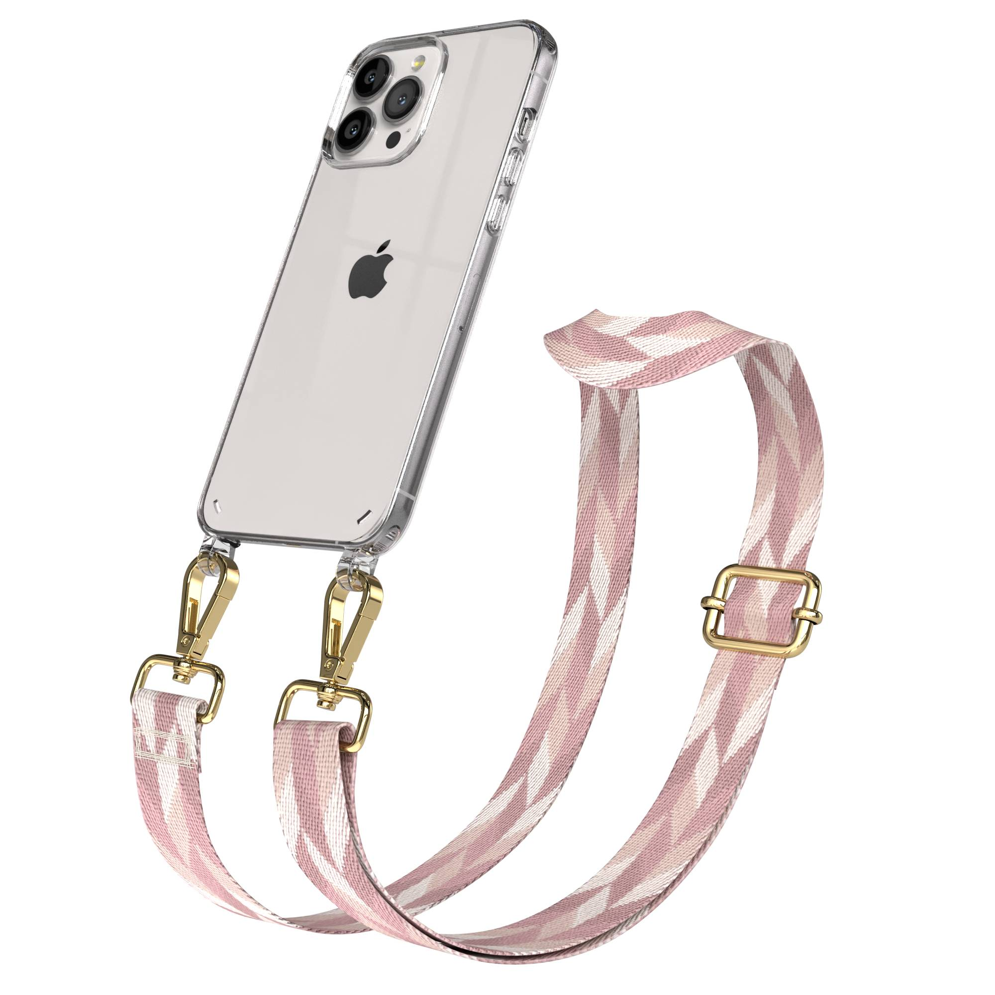 Eine durchsichtige Handyhülle mit einem pink-weiß gemusterten Riemen an goldenen Verschlüssen.